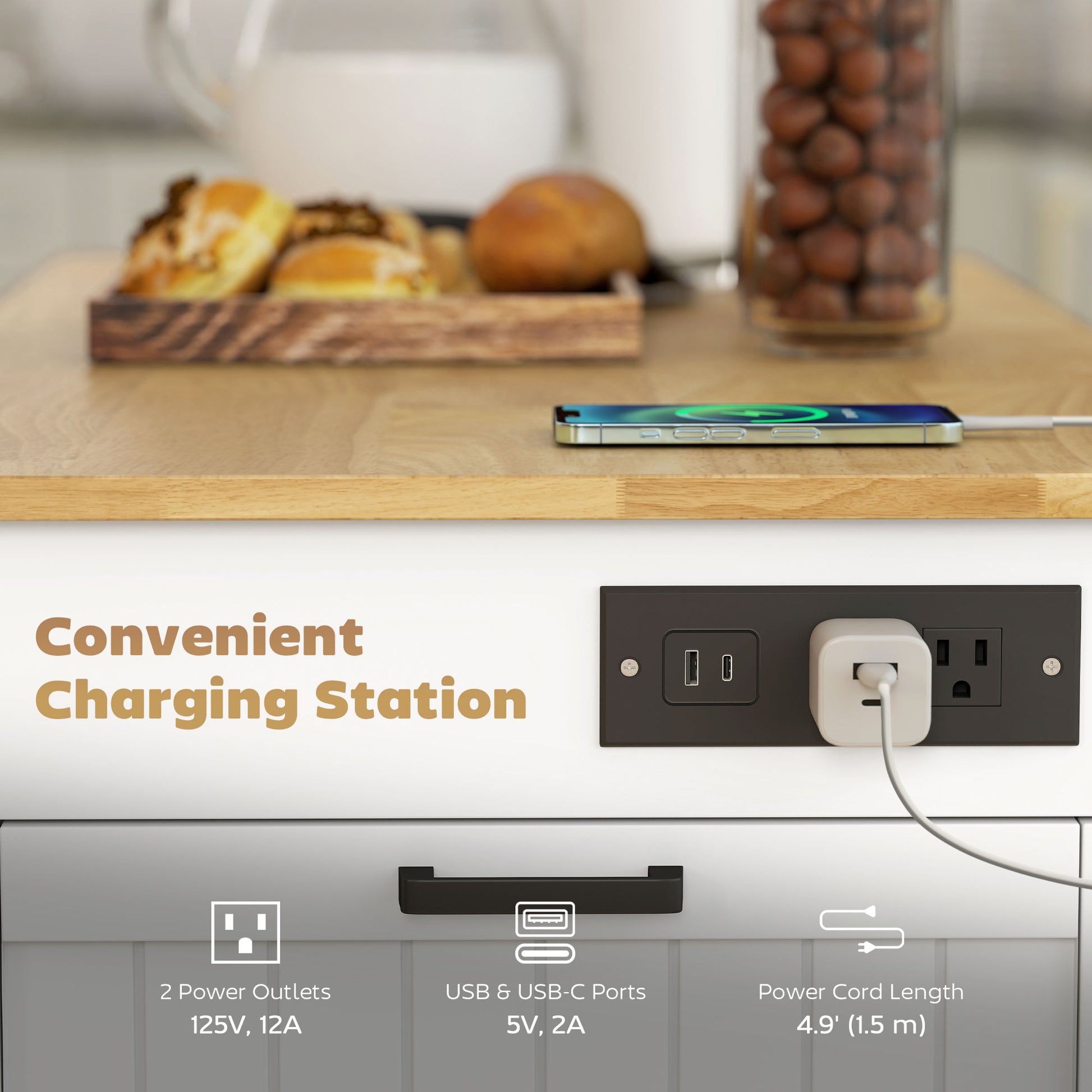 Kitchen Island Cart with Charging Station and Drop Leaf - White-DECOROLALA