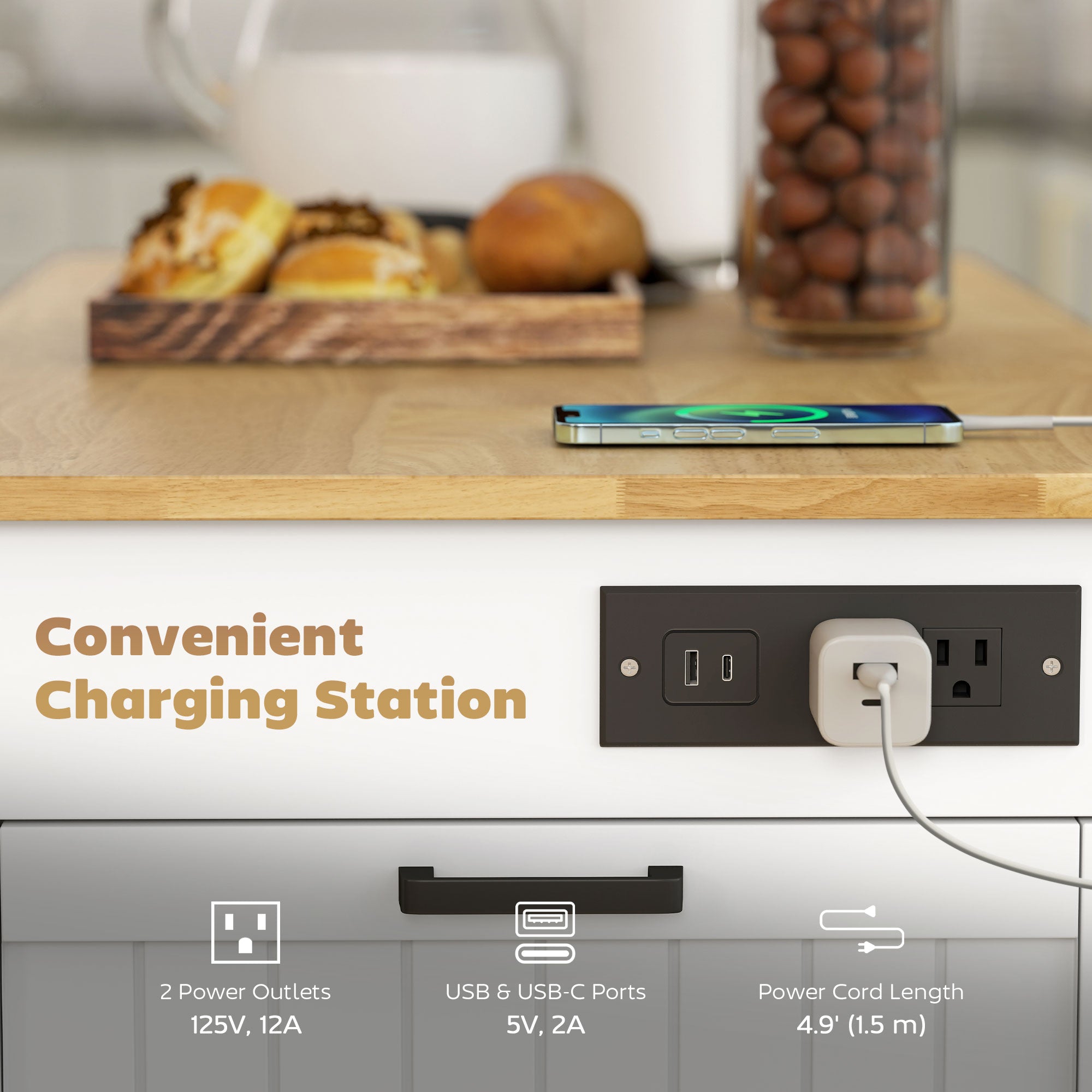 Kitchen Island Cart with Charging Station and Drop Leaf - White-DECOROLALA
