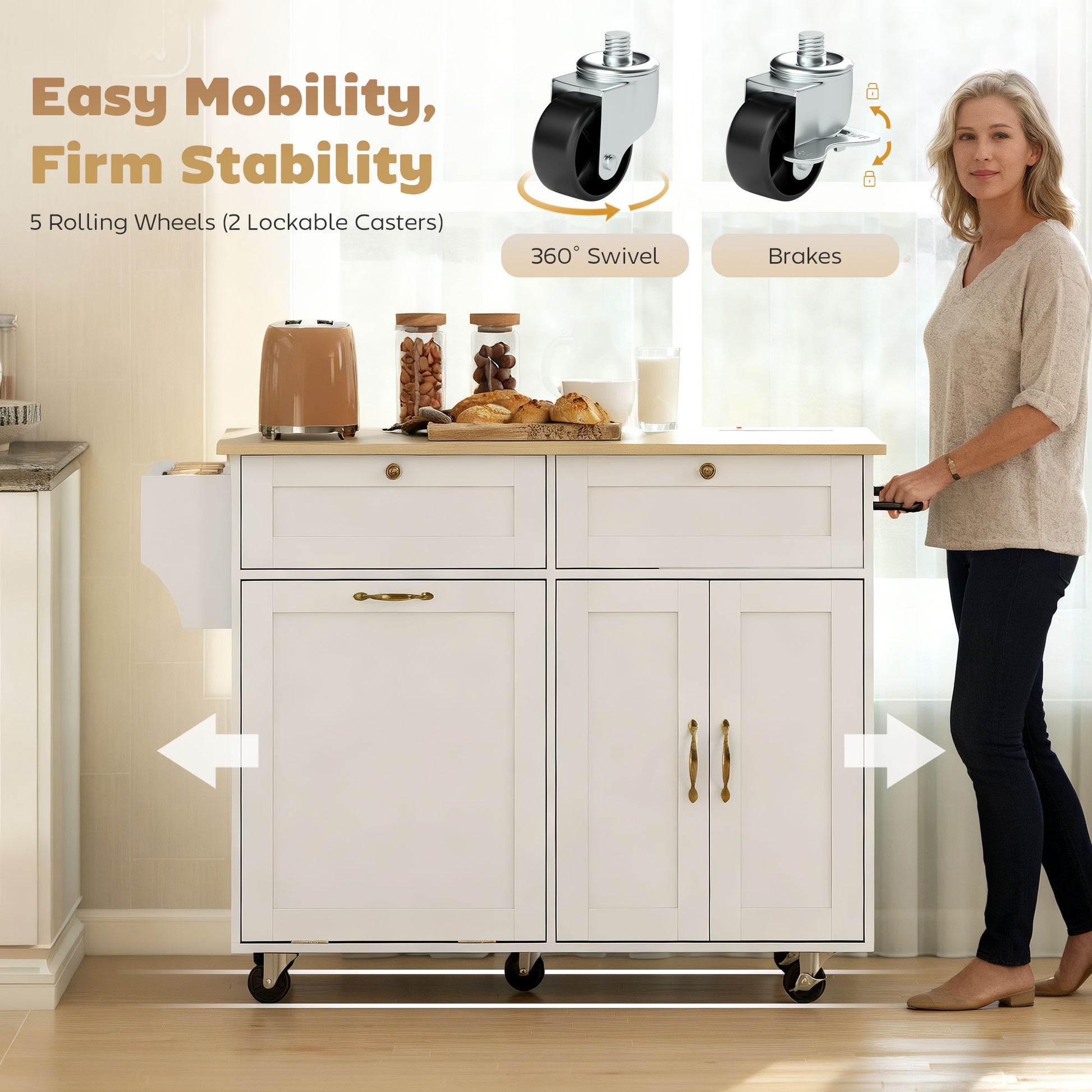 Kitchen Island Cart with Charging Station and Drop Leaf - White-DECOROLALA