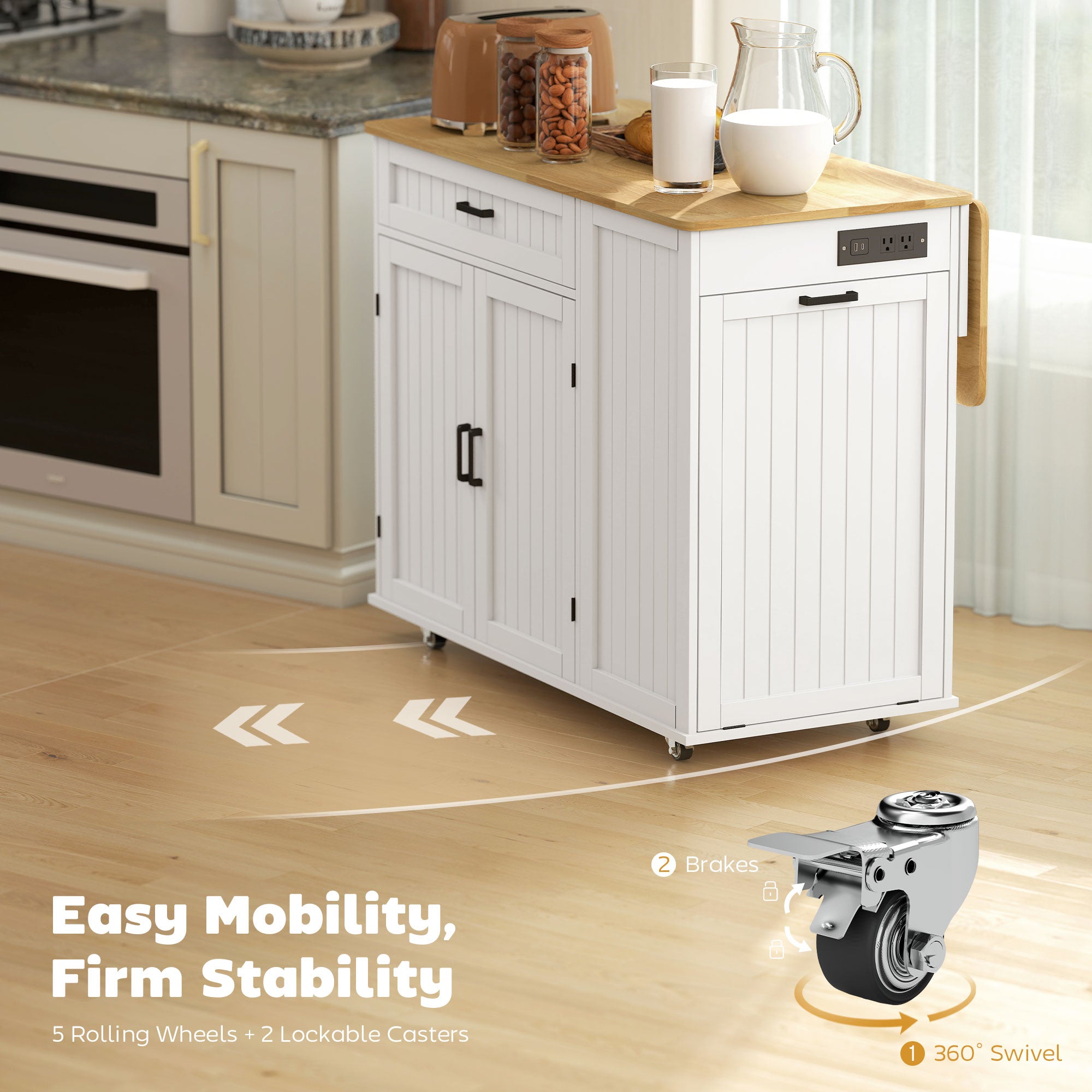 Kitchen Island Cart with Charging Station and Drop Leaf - White-DECOROLALA