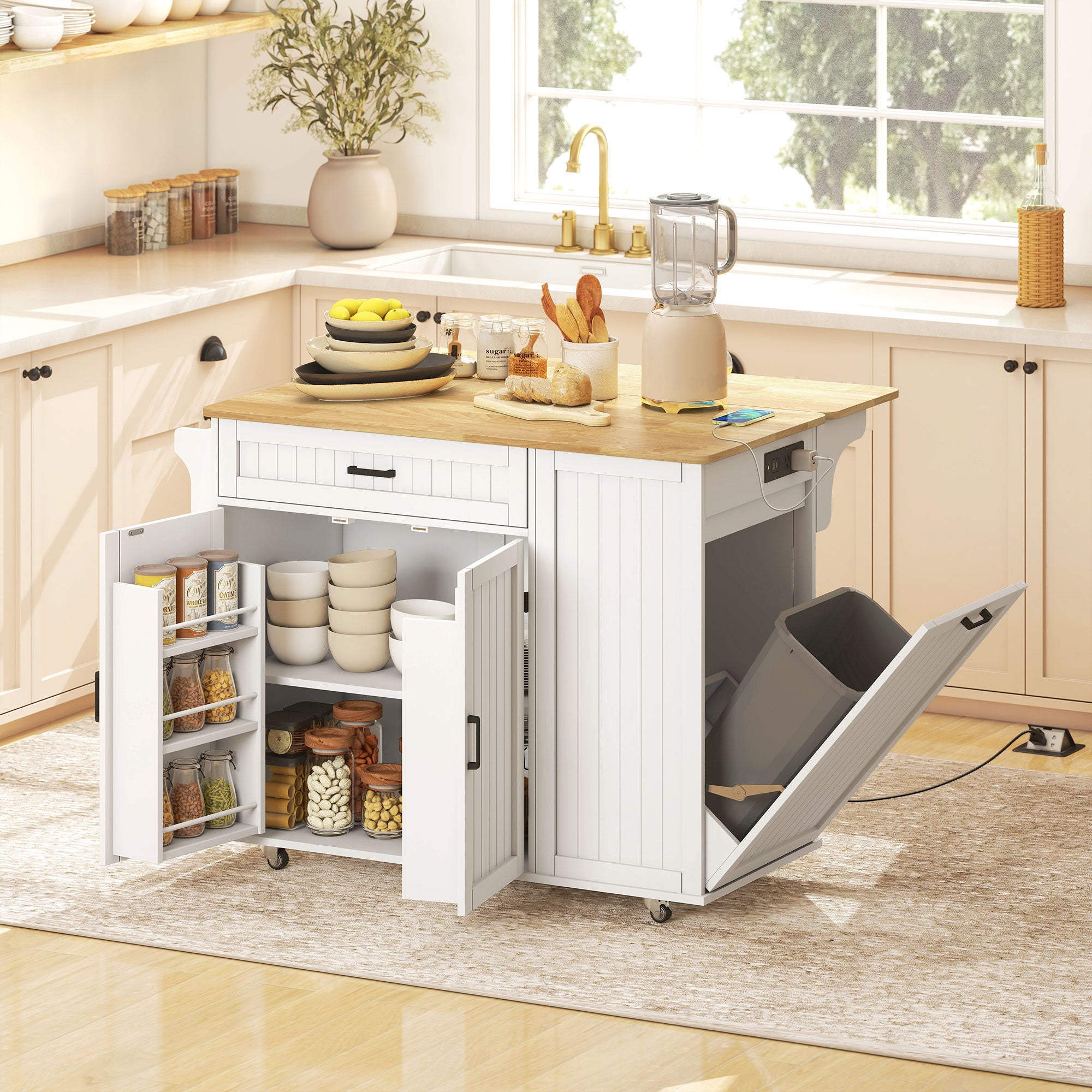 Kitchen Island Cart with Charging Station and Drop Leaf - White-DECOROLALA