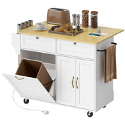 Kitchen Island Cart with Charging Station and Drop Leaf - White-DECOROLALA