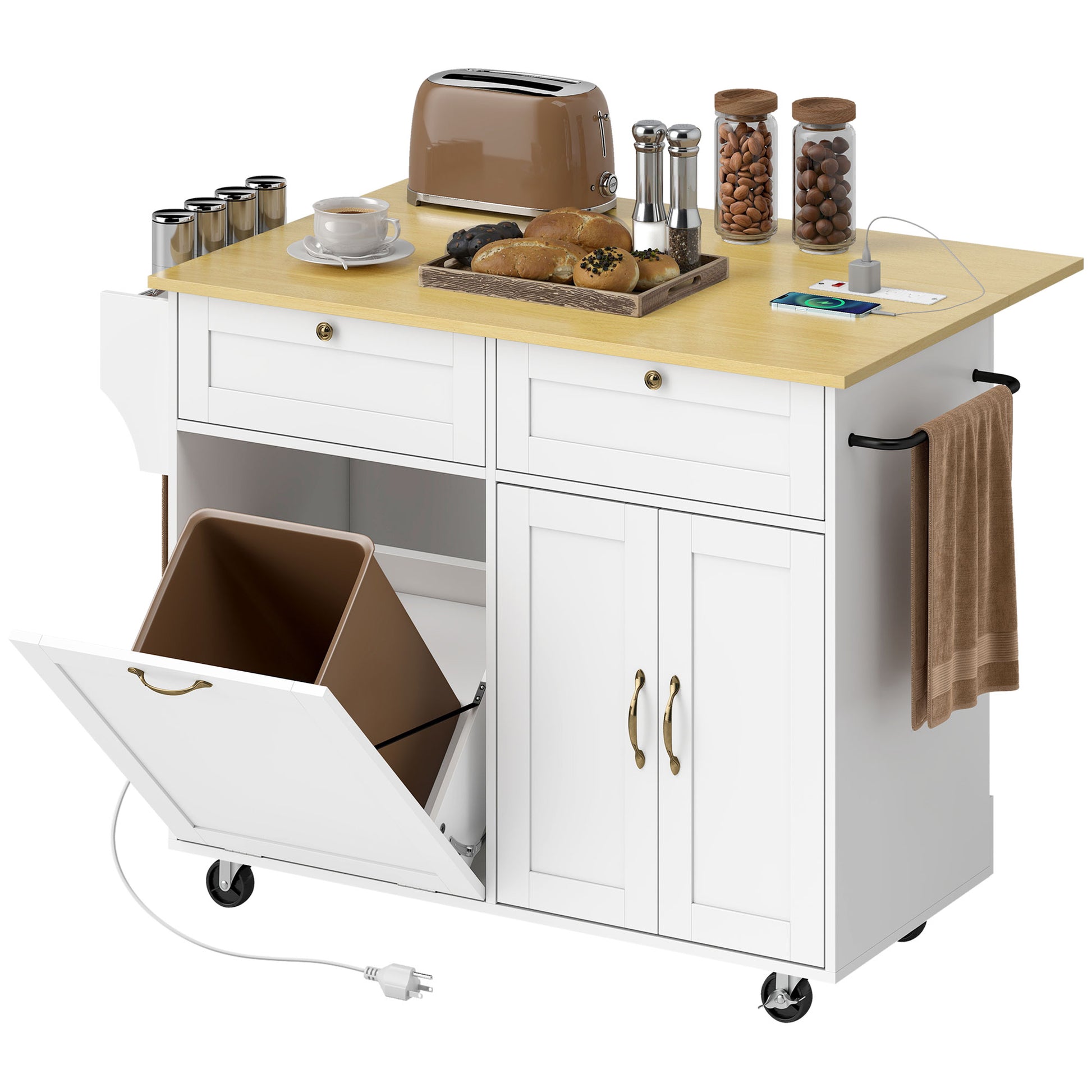 Kitchen Island Cart with Charging Station and Drop Leaf - White-DECOROLALA