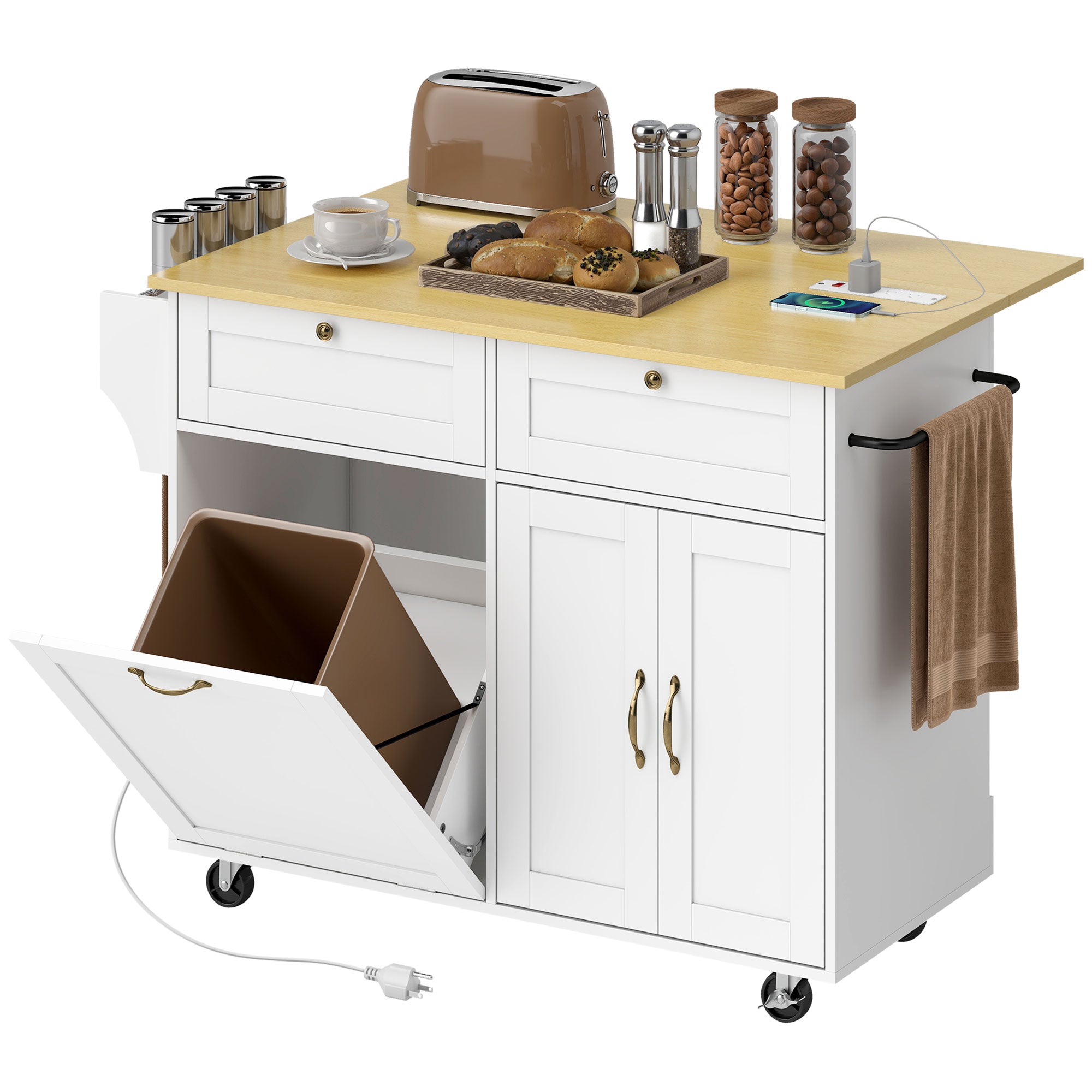 Kitchen Island Cart with Charging Station and Drop Leaf - White-DECOROLALA
