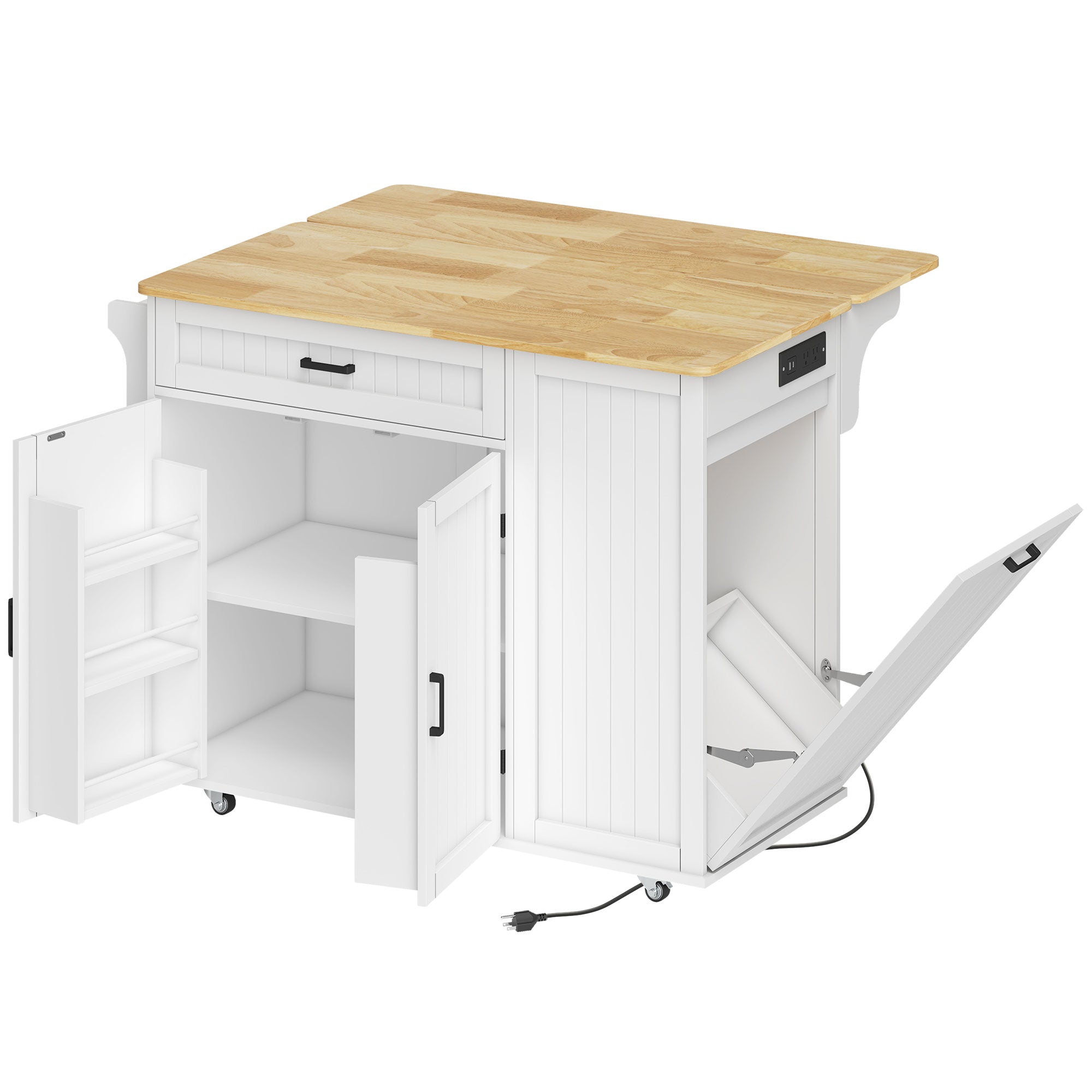 Kitchen Island Cart with Charging Station and Drop Leaf - White-DECOROLALA