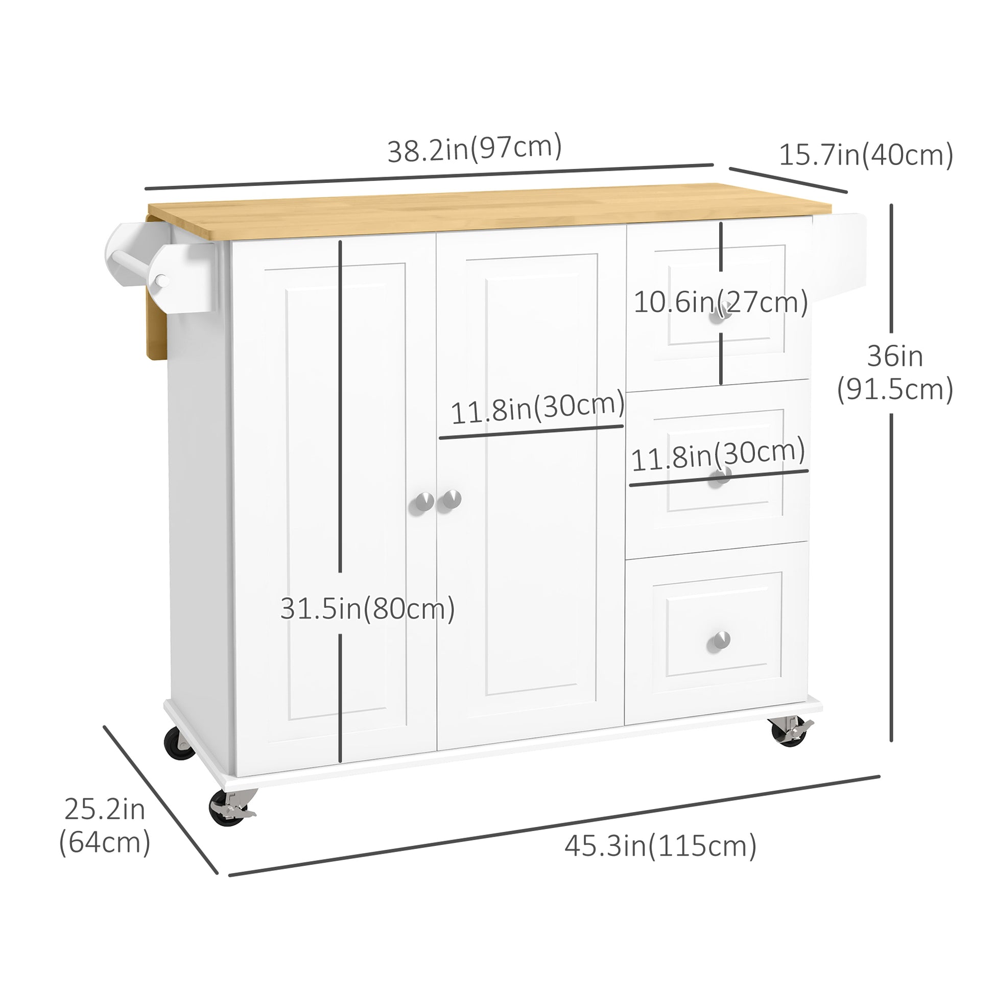 Kitchen Island Cart with Drop Leaf - White Rubberwood Top 45" W-DECOROLALA