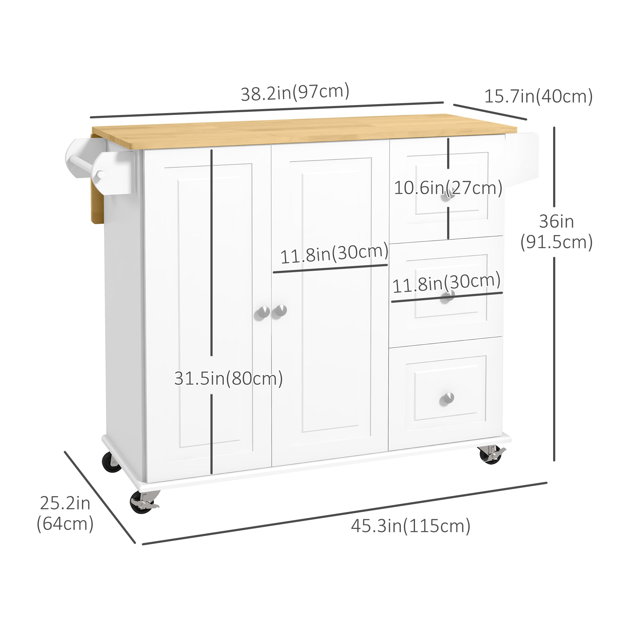 Kitchen Island Cart with Drop Leaf - White Rubberwood Top 45" W-DECOROLALA