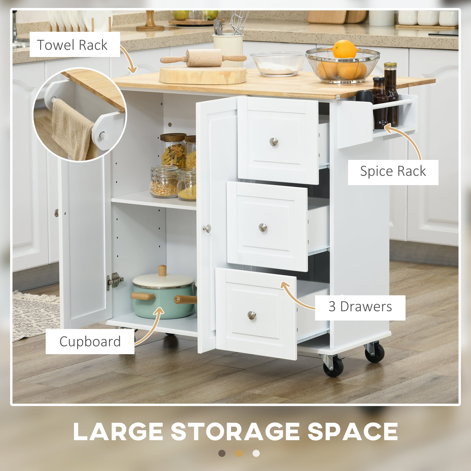 Kitchen Island Cart with Drop Leaf - White Rubberwood Top 45" W-DECOROLALA