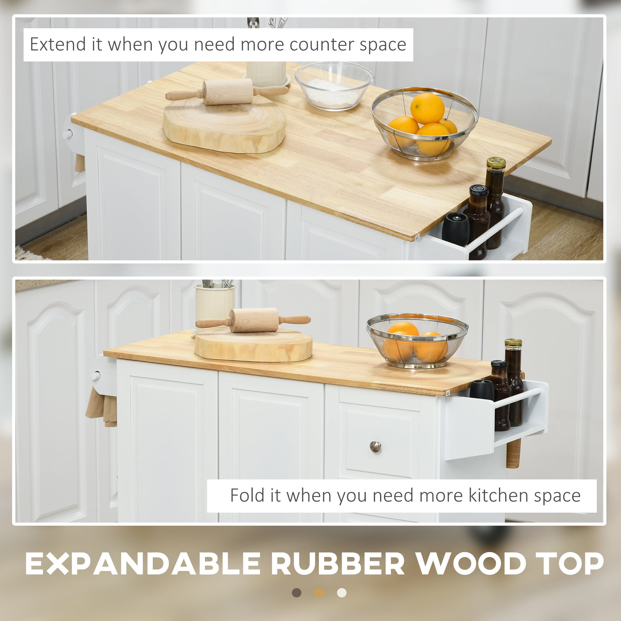 Kitchen Island Cart with Drop Leaf - White Rubberwood Top 45" W-DECOROLALA