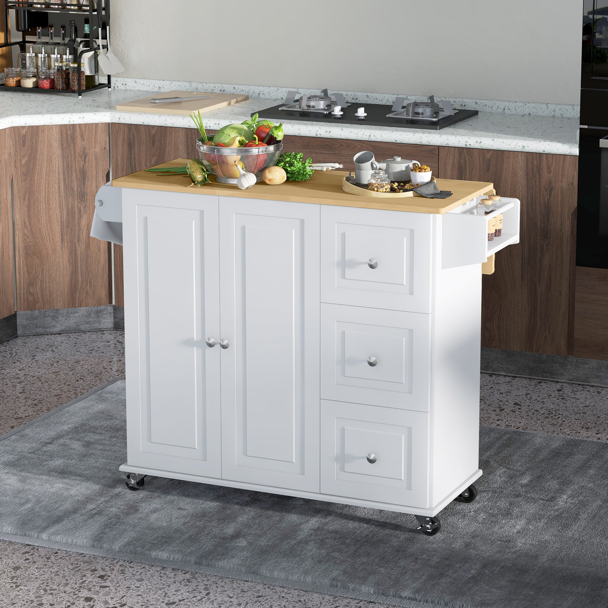 Kitchen Island Cart with Drop Leaf - White Rubberwood Top 45" W-DECOROLALA