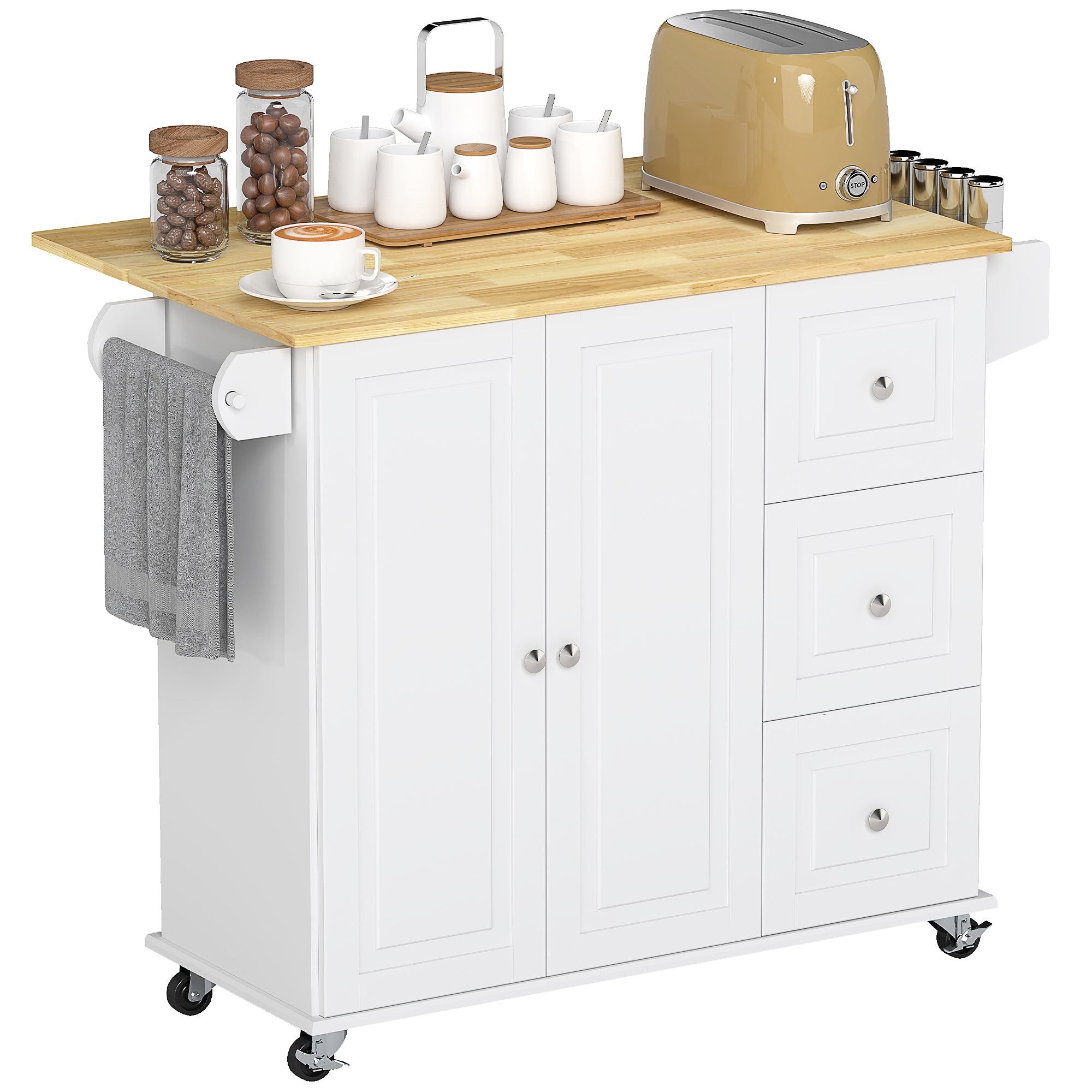 Kitchen Island Cart with Drop Leaf - White Rubberwood Top 45" W-DECOROLALA