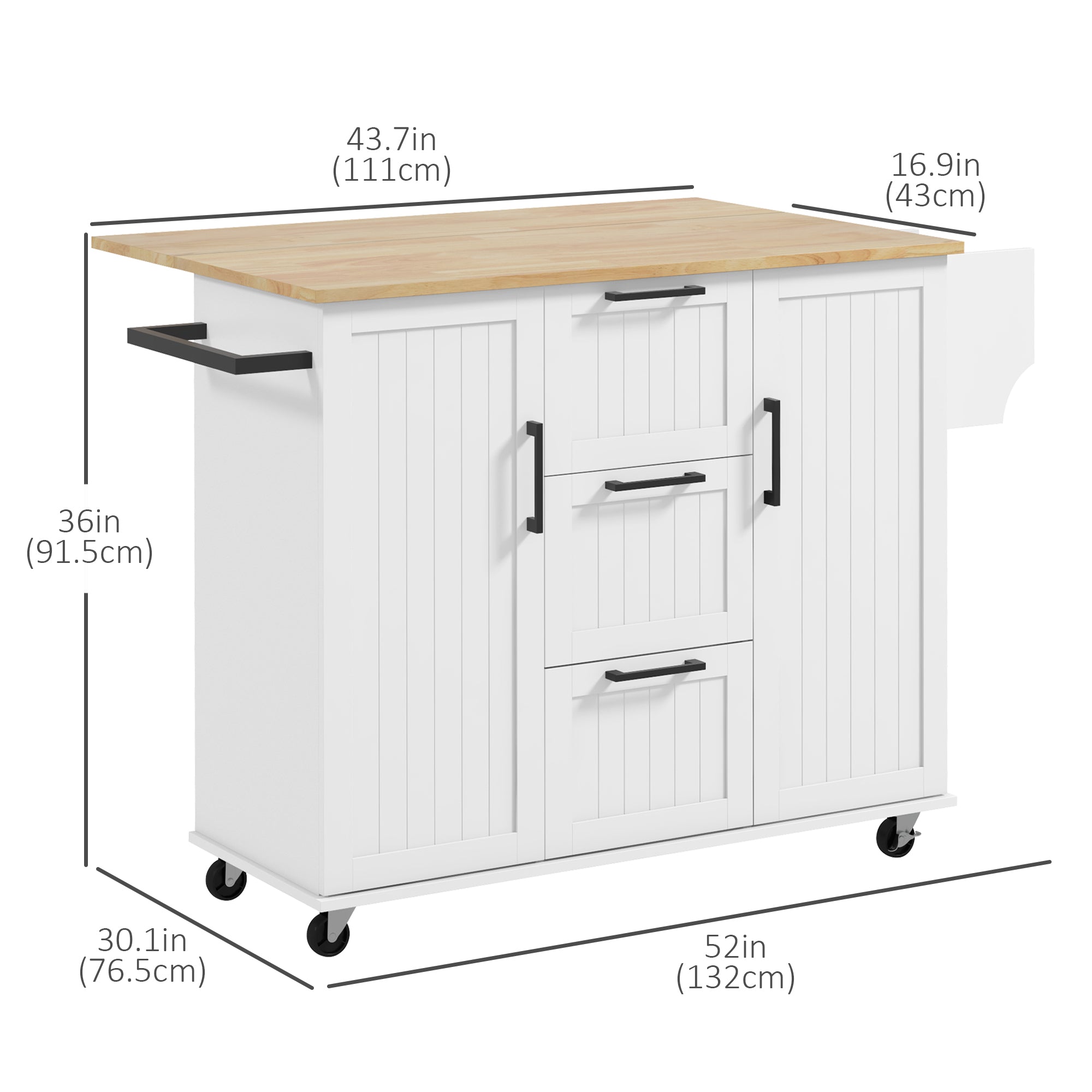 Kitchen Island Cart with Drop Leaf - White Wood Top-DECOROLALA