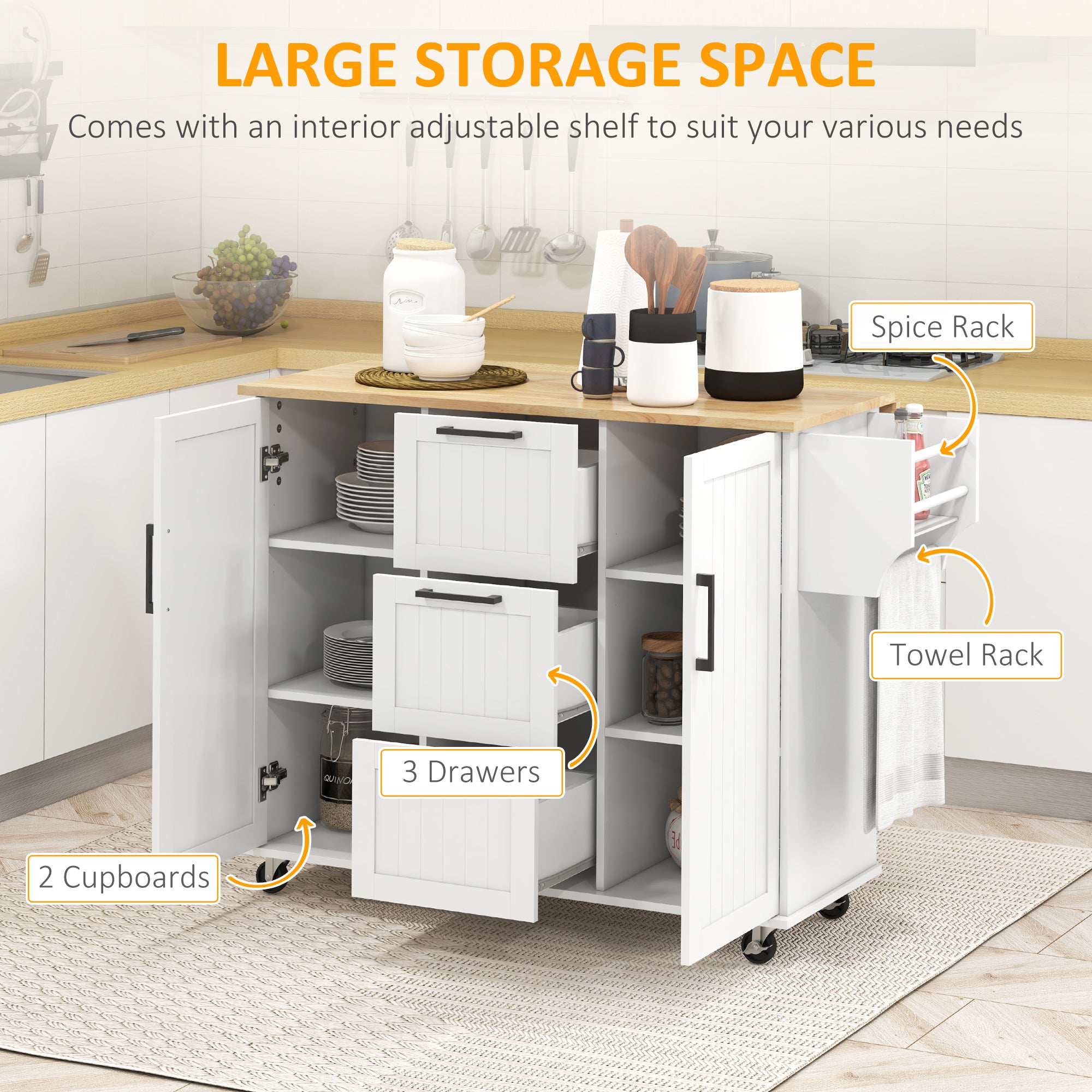 Kitchen Island Cart with Drop Leaf - White Wood Top-DECOROLALA
