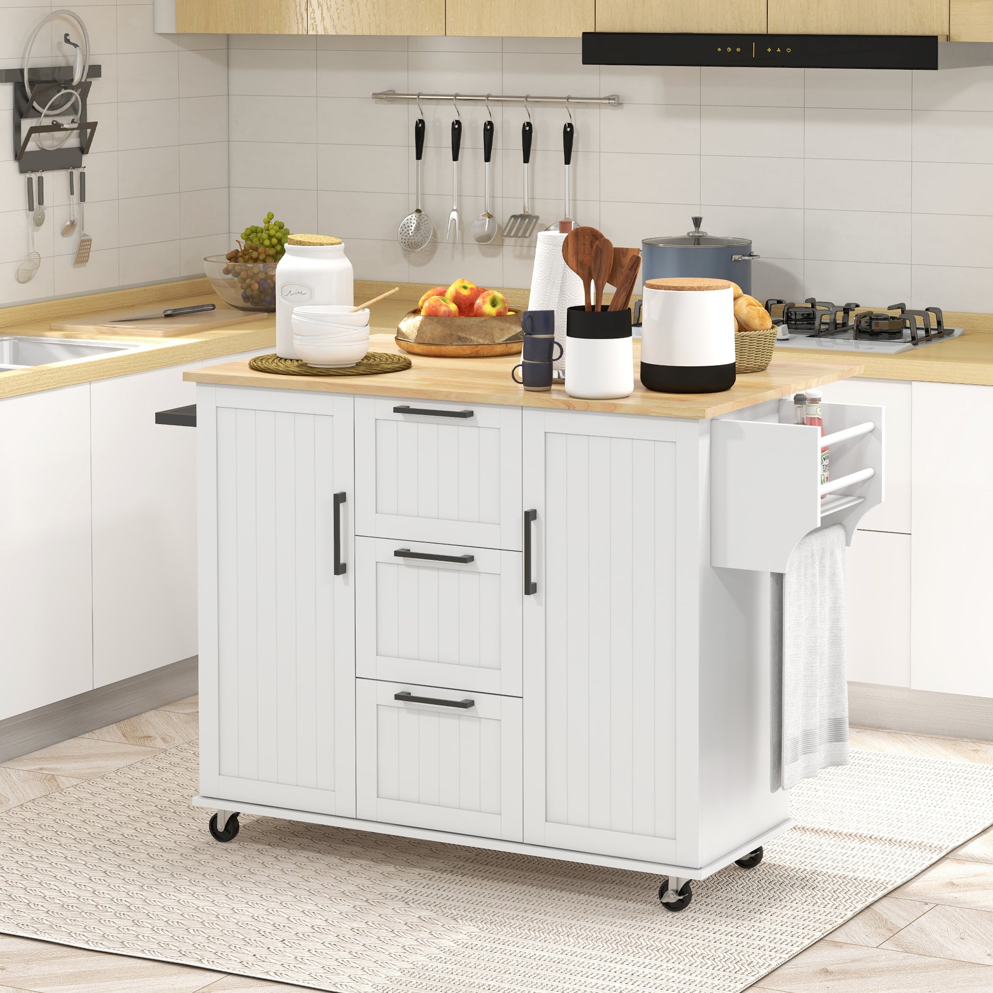 Kitchen Island Cart with Drop Leaf - White Wood Top-DECOROLALA