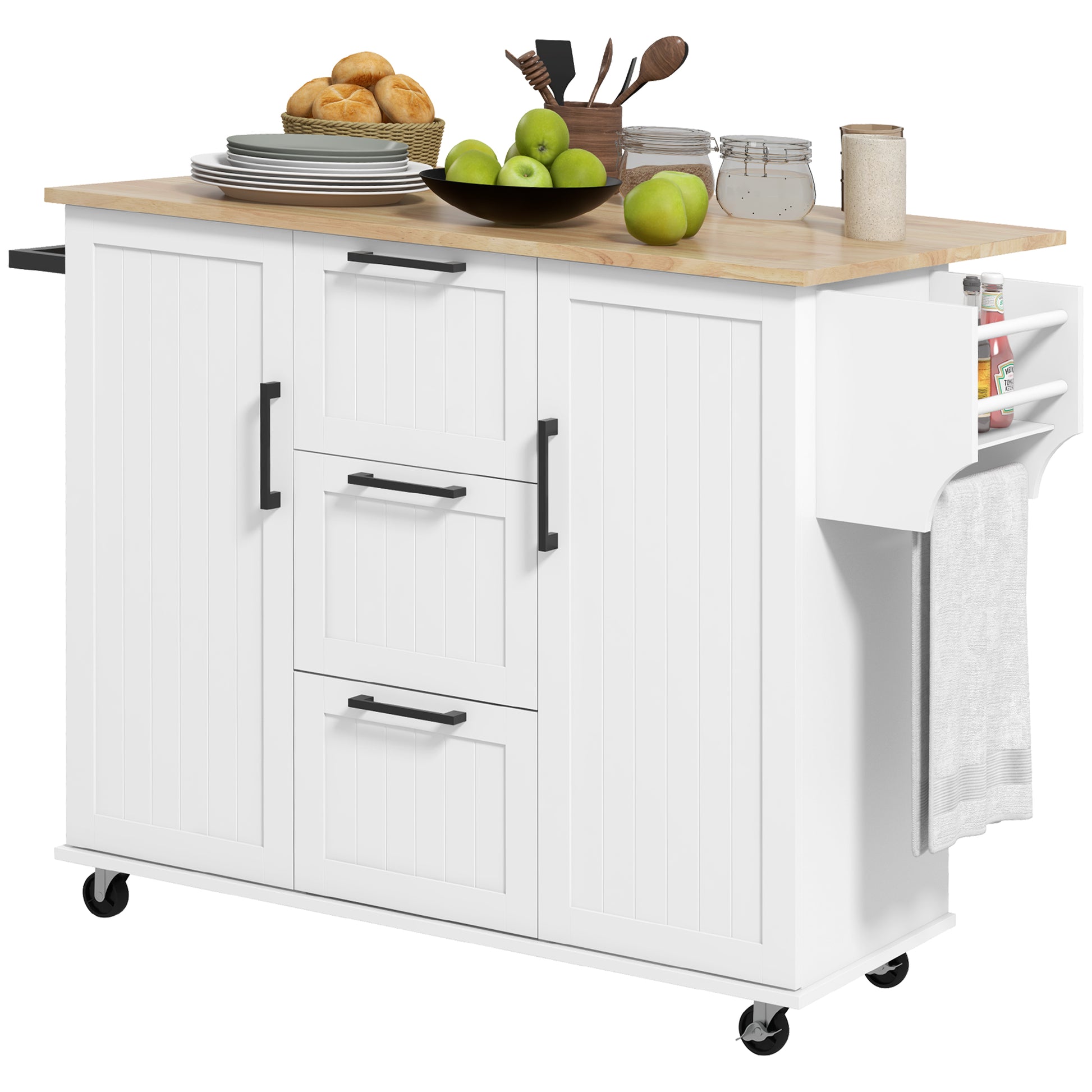 Kitchen Island Cart with Drop Leaf - White Wood Top-DECOROLALA