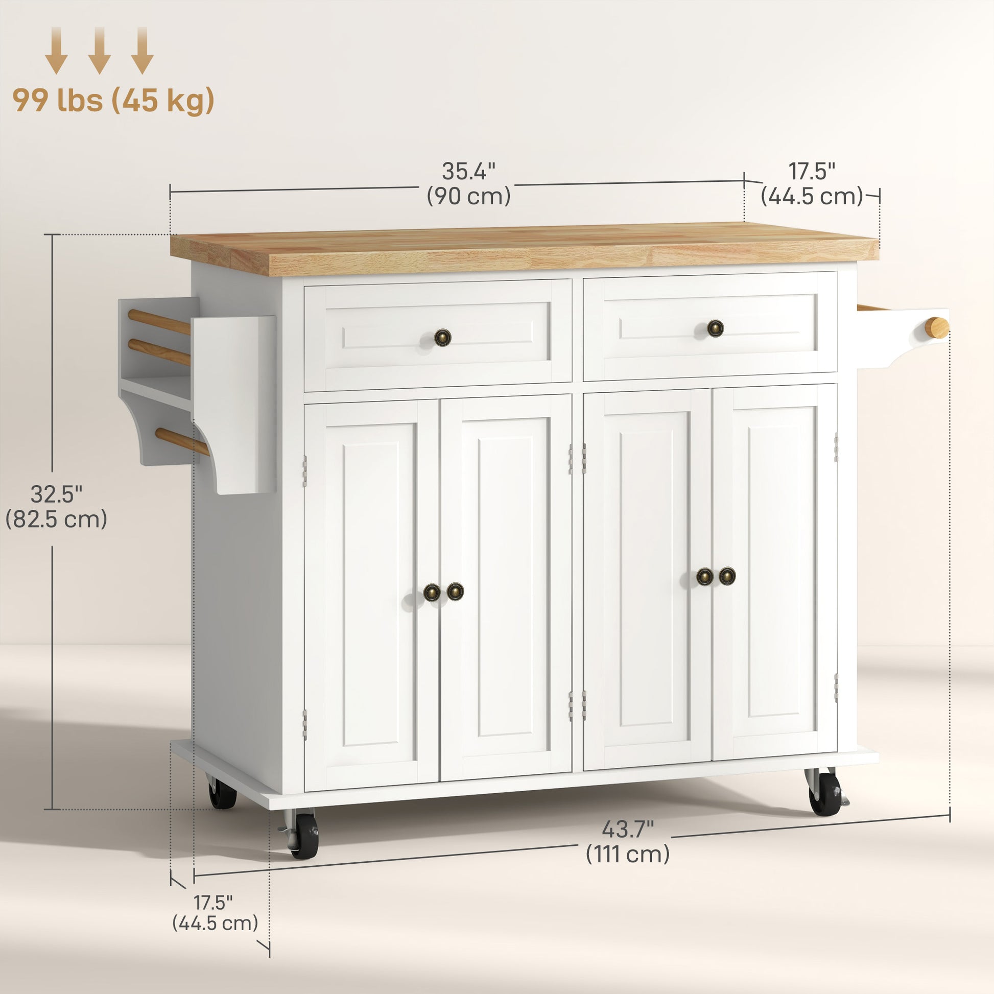Kitchen Island Cart with Rubber Wood Top - Cream White-DECOROLALA