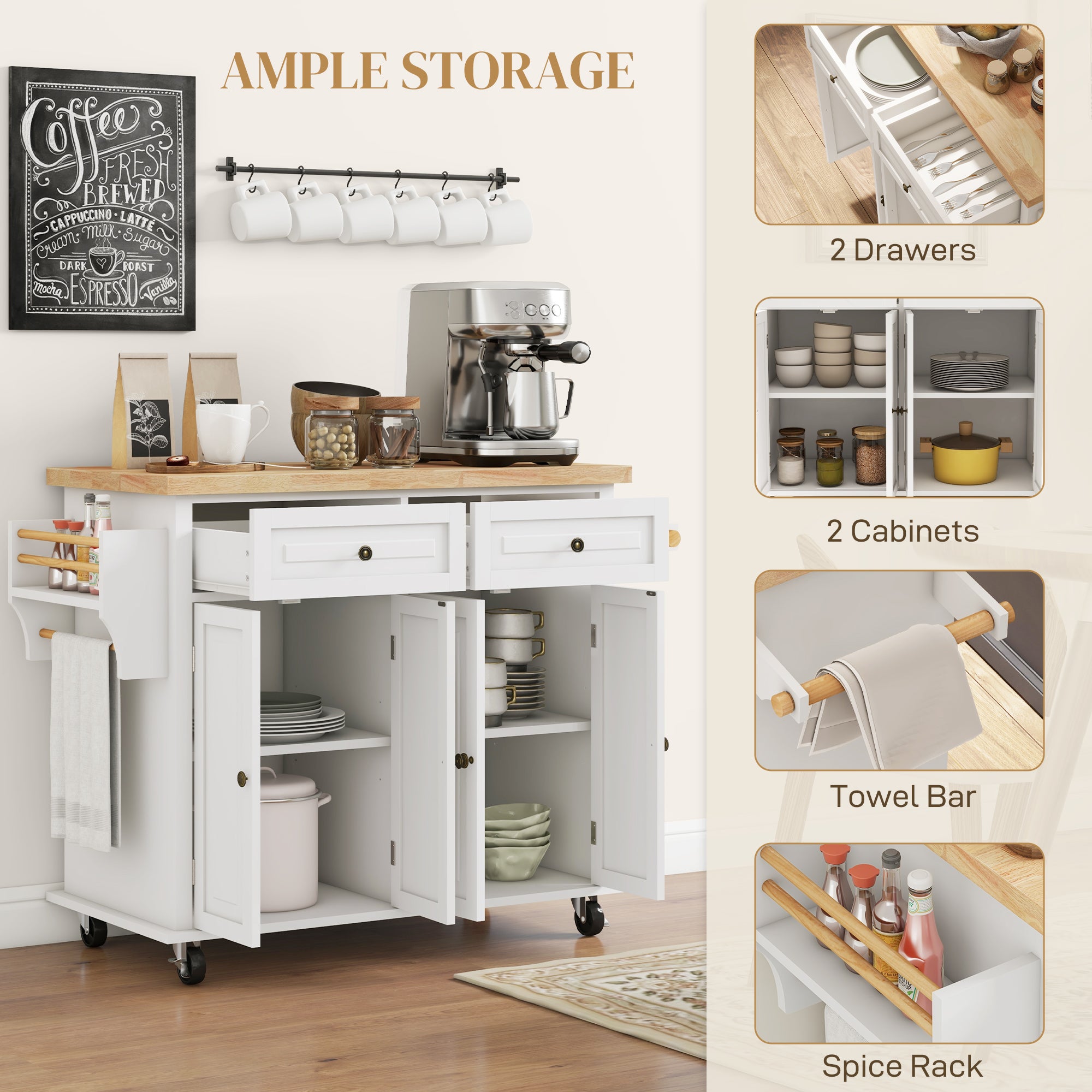 Kitchen Island Cart with Rubber Wood Top - Cream White-DECOROLALA