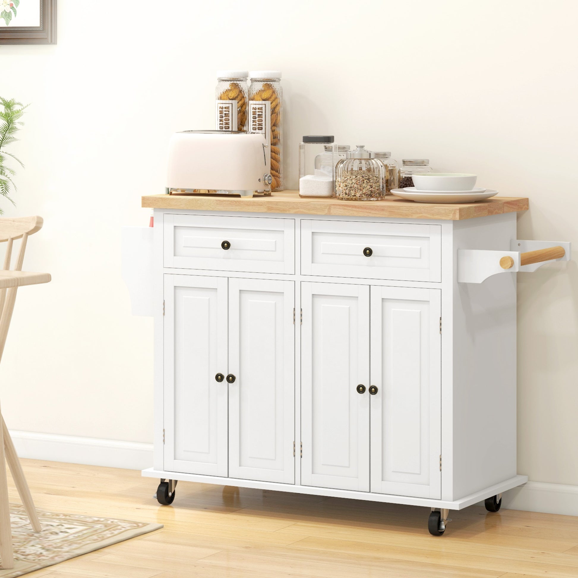 Kitchen Island Cart with Rubber Wood Top - Cream White-DECOROLALA
