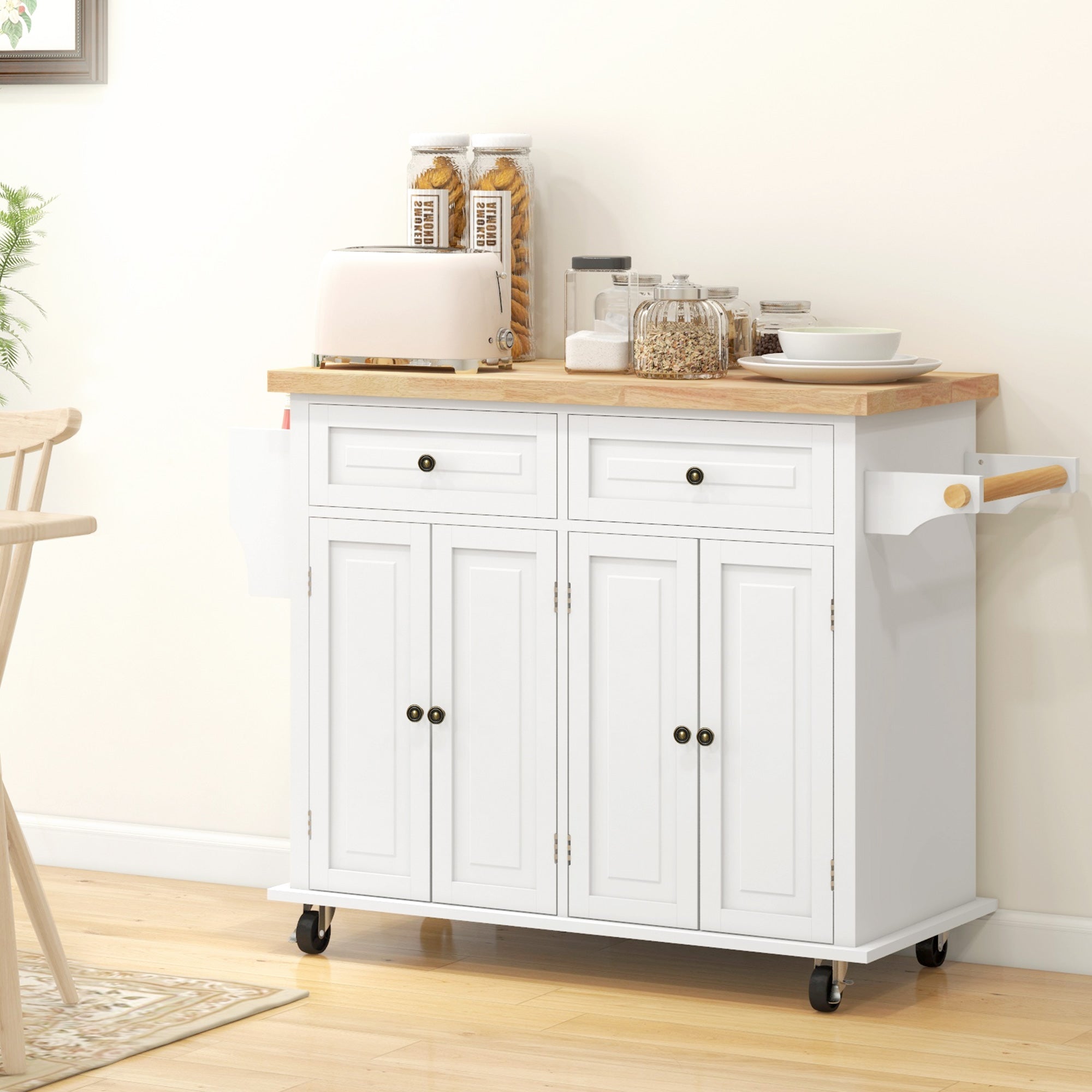 Kitchen Island Cart with Rubber Wood Top - Cream White-DECOROLALA