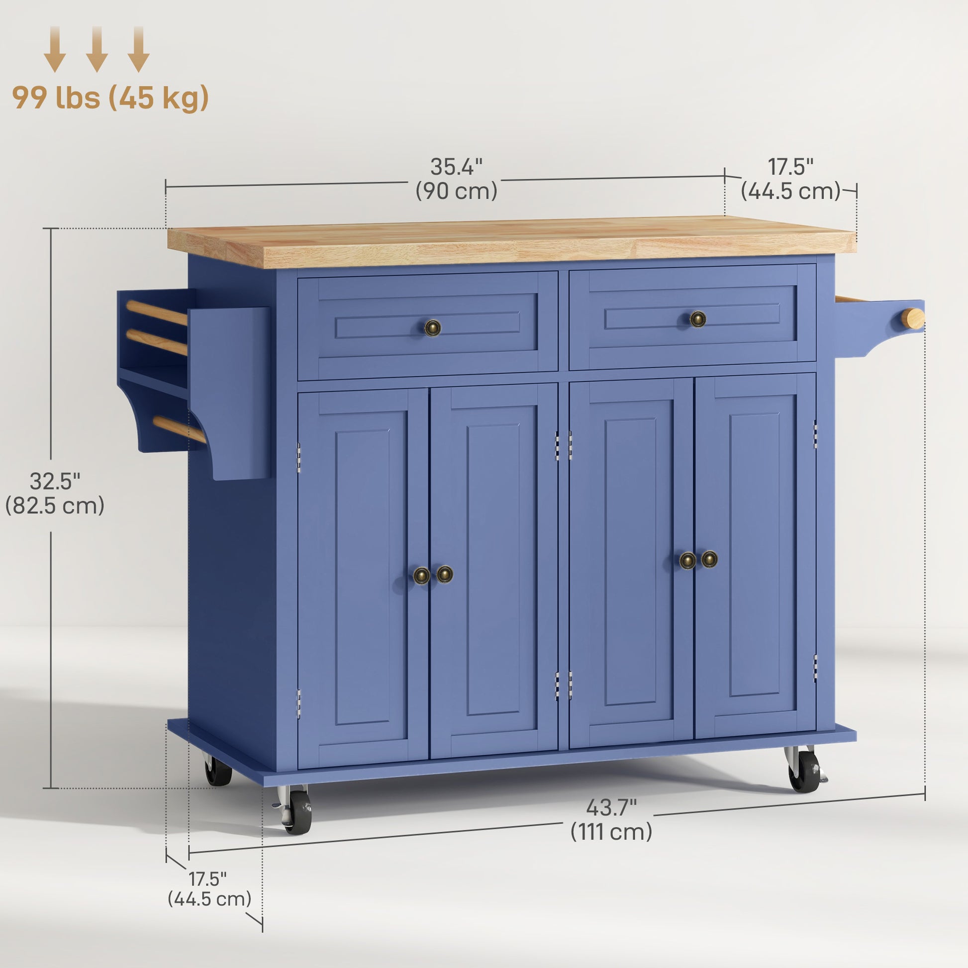 Kitchen Island Cart with Rubber Wood Top - Navy Blue-DECOROLALA
