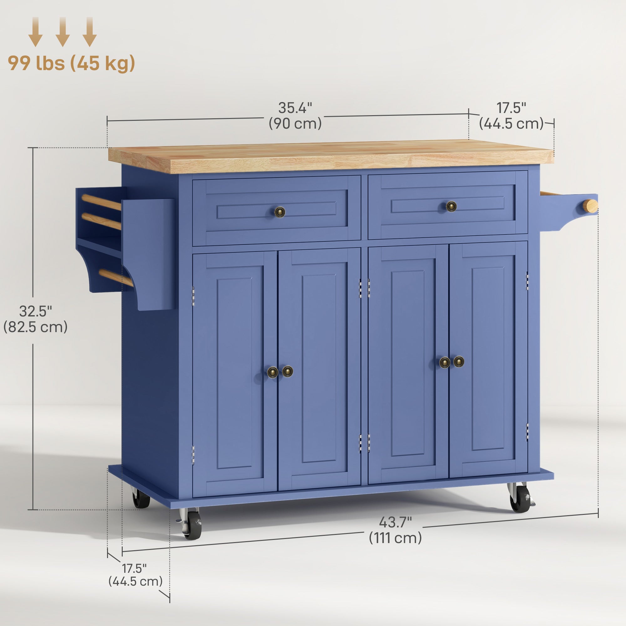 Kitchen Island Cart with Rubber Wood Top - Navy Blue-DECOROLALA