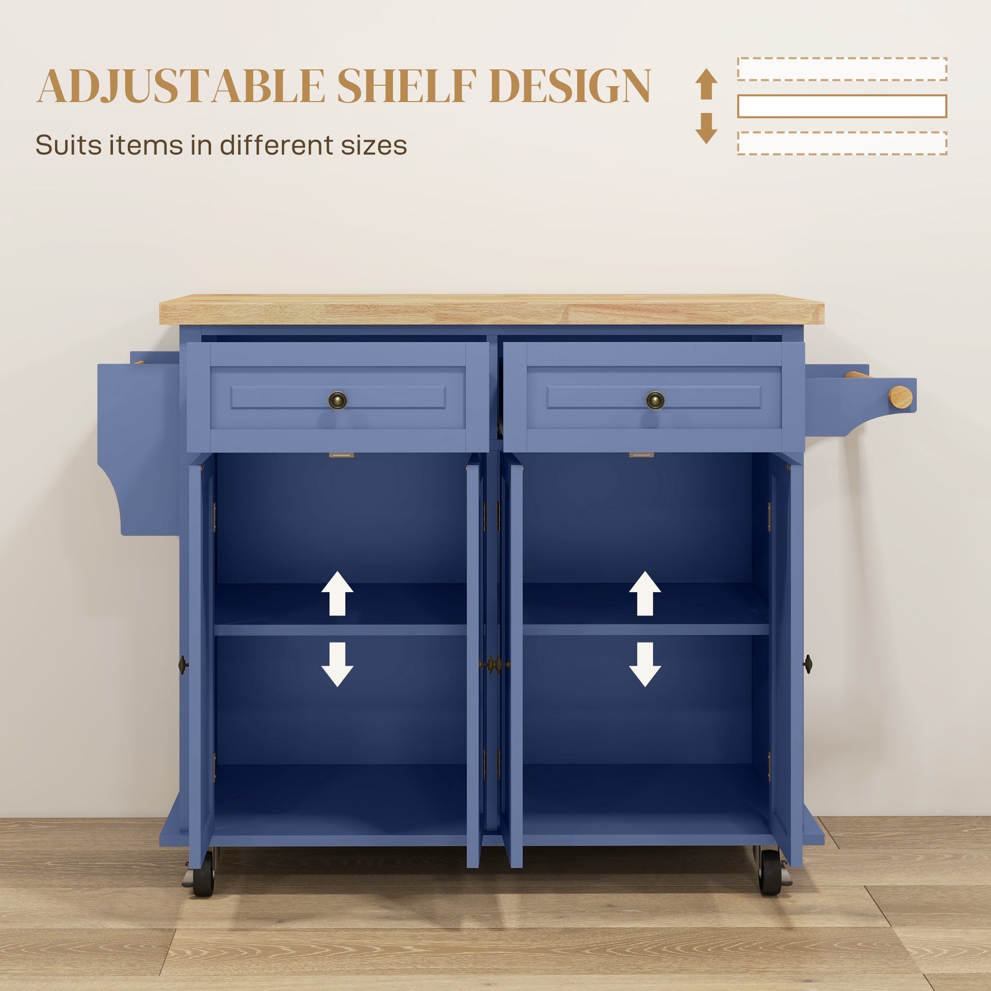 Kitchen Island Cart with Rubber Wood Top - Navy Blue-DECOROLALA