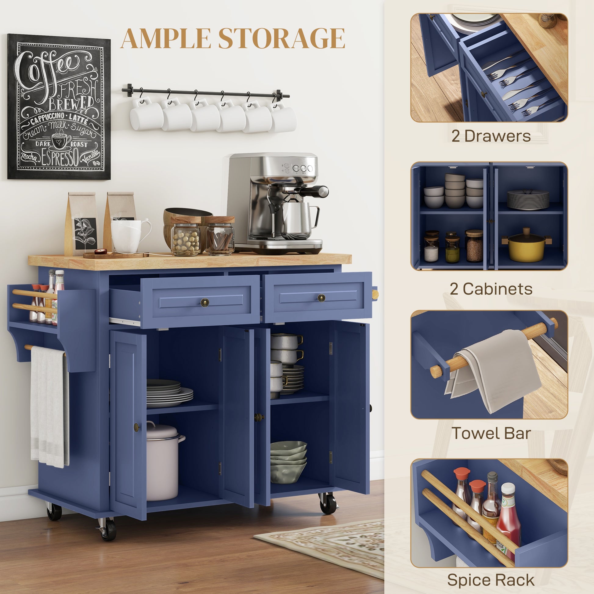 Kitchen Island Cart with Rubber Wood Top - Navy Blue-DECOROLALA