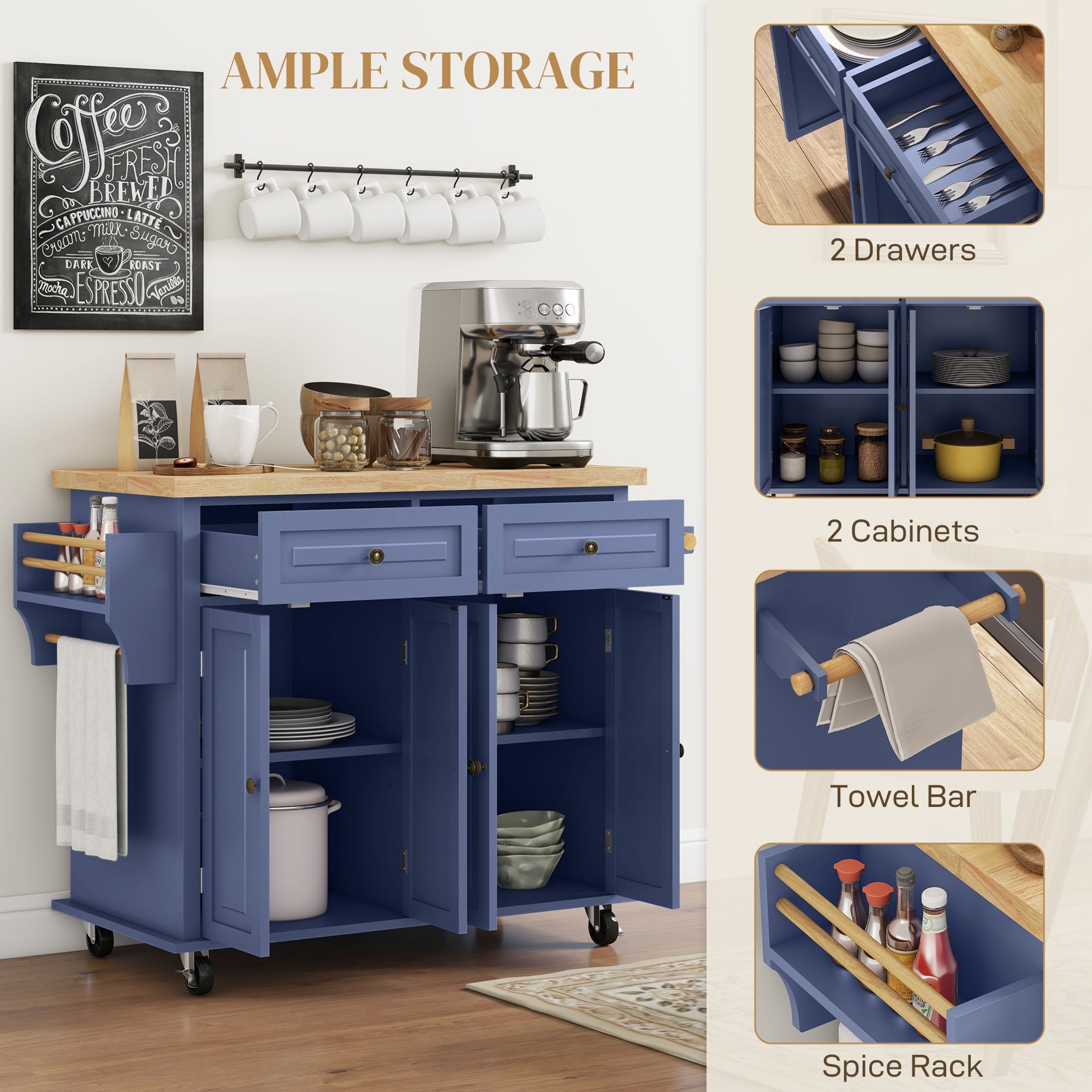 Kitchen Island Cart with Rubber Wood Top - Navy Blue-DECOROLALA