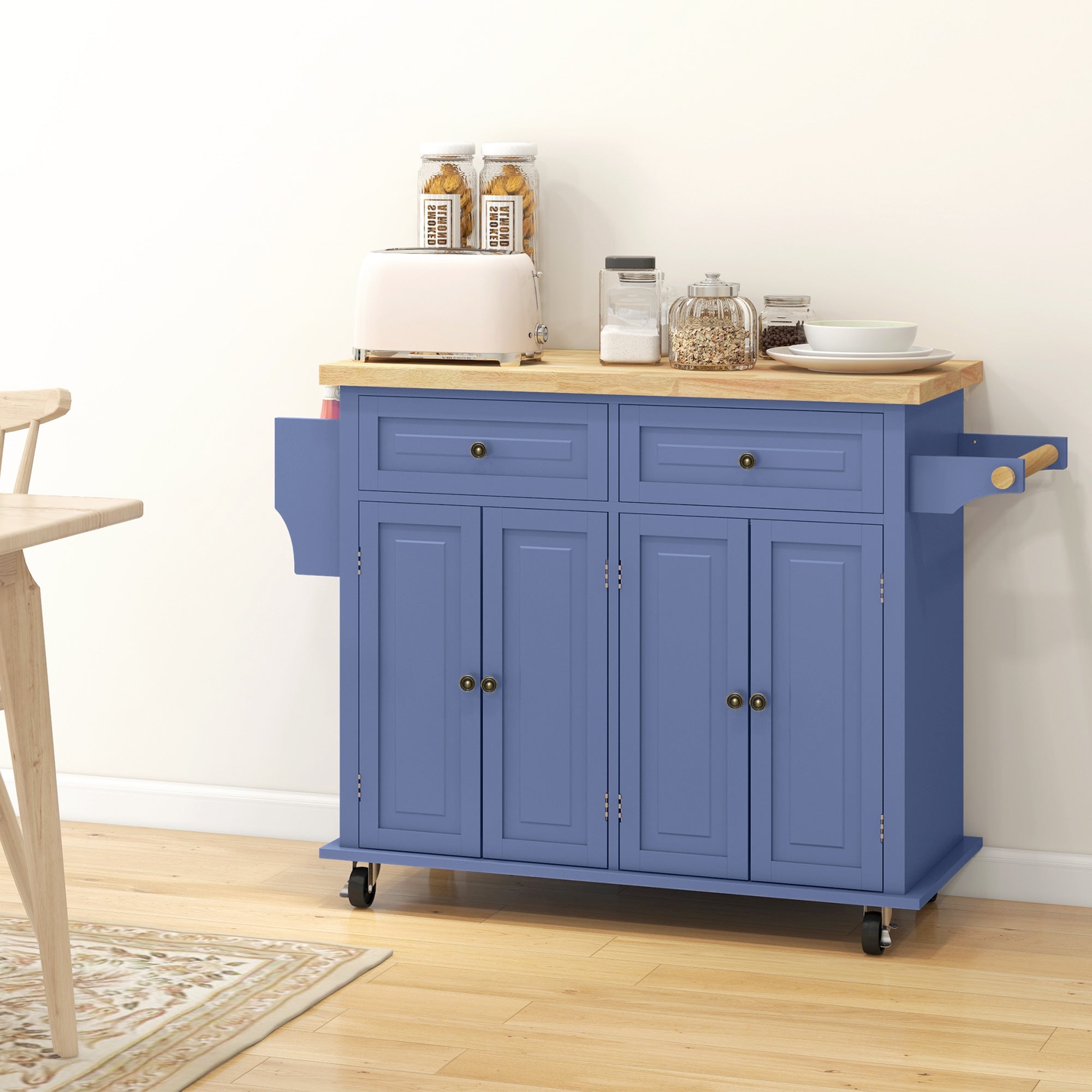 Kitchen Island Cart with Rubber Wood Top - Navy Blue-DECOROLALA