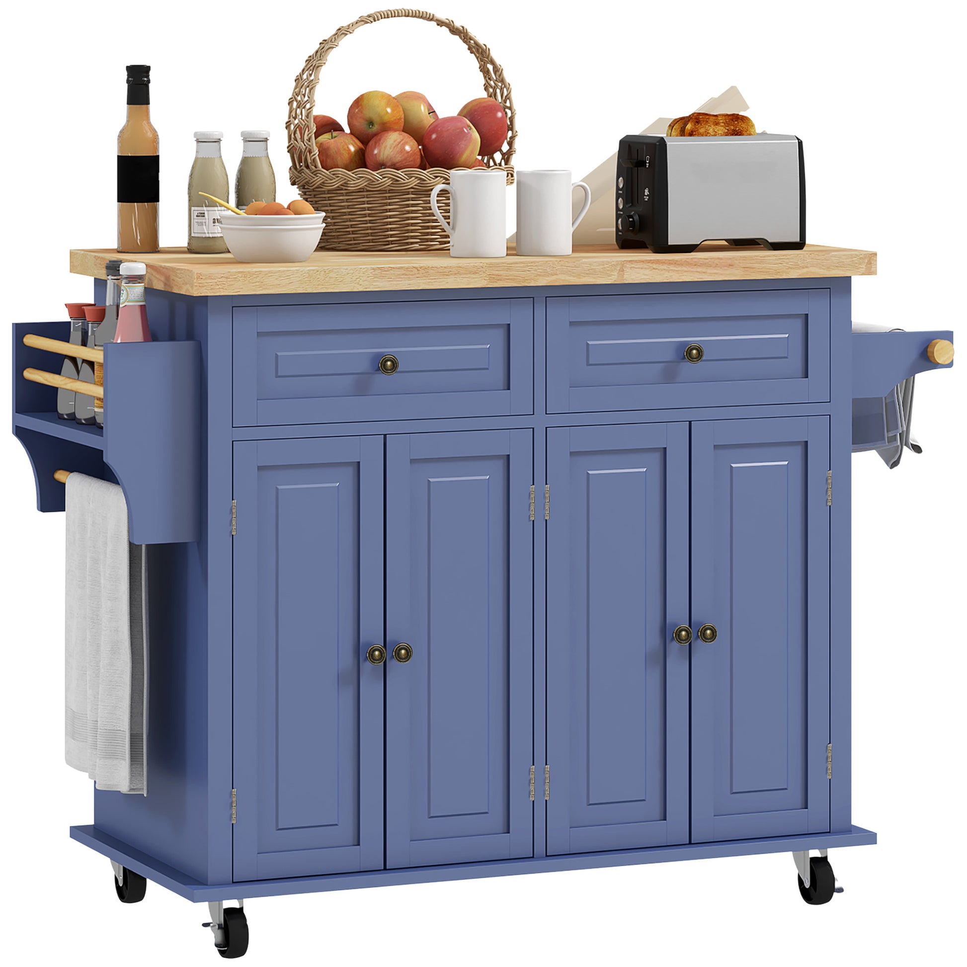 Kitchen Island Cart with Rubber Wood Top - Navy Blue-DECOROLALA