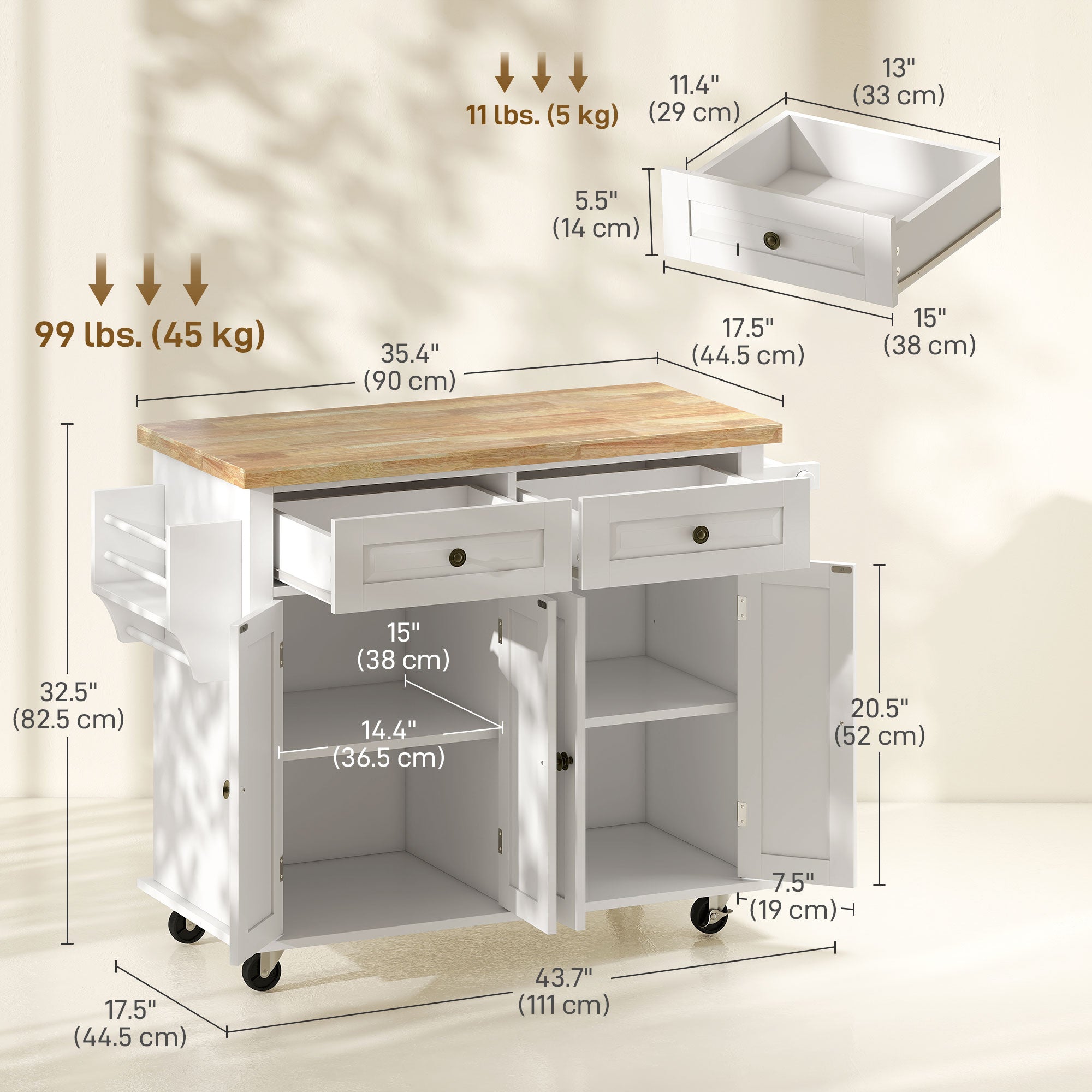Kitchen Island Cart with Rubber Wood Top - White 44"-DECOROLALA
