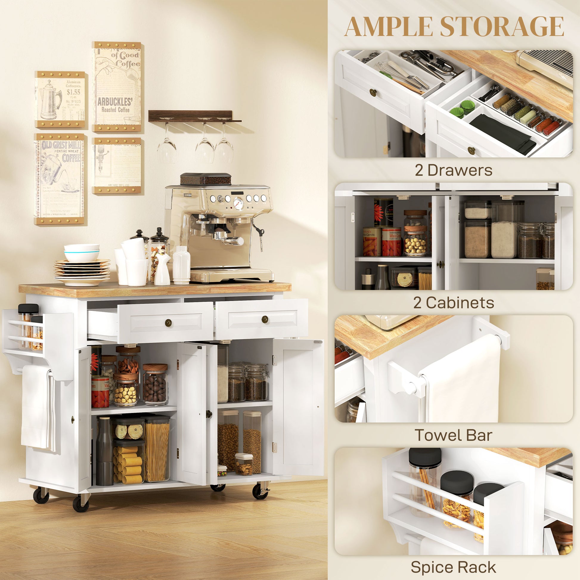 Kitchen Island Cart with Rubber Wood Top - White 44"-DECOROLALA