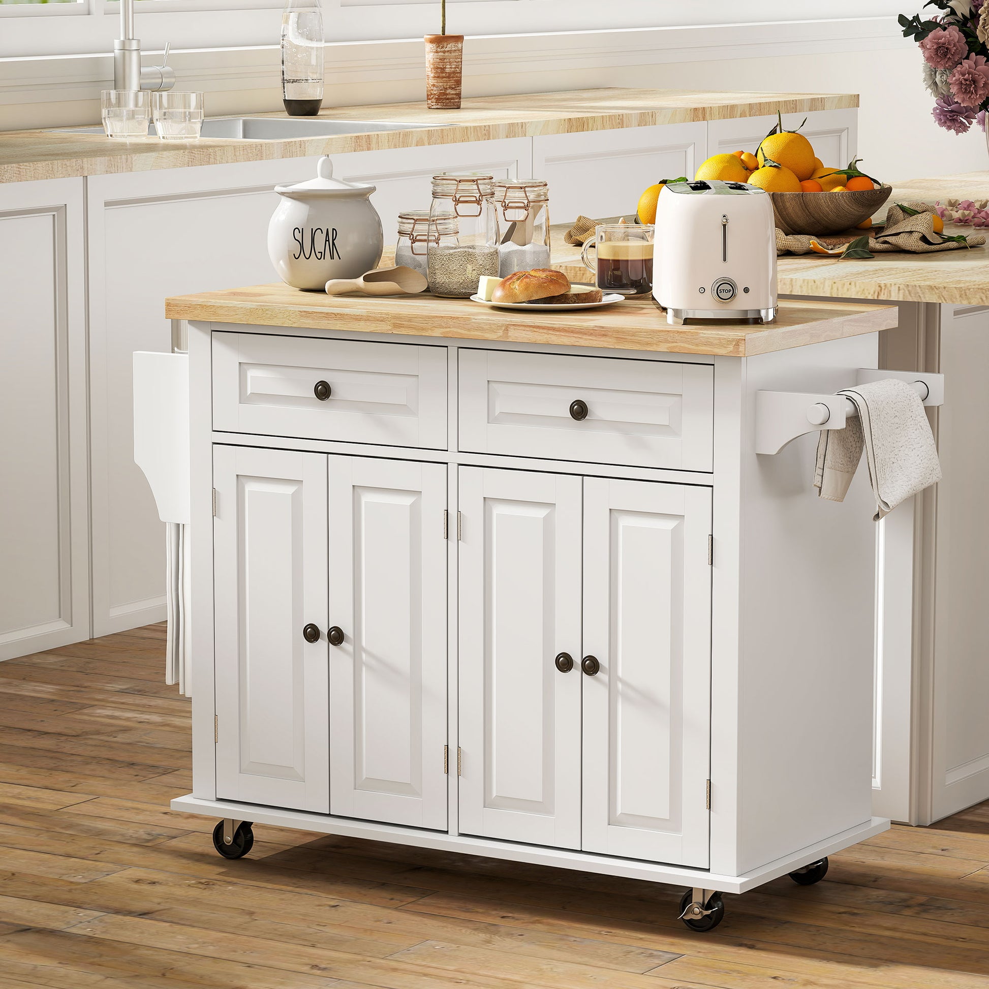 Kitchen Island Cart with Rubber Wood Top - White 44"-DECOROLALA