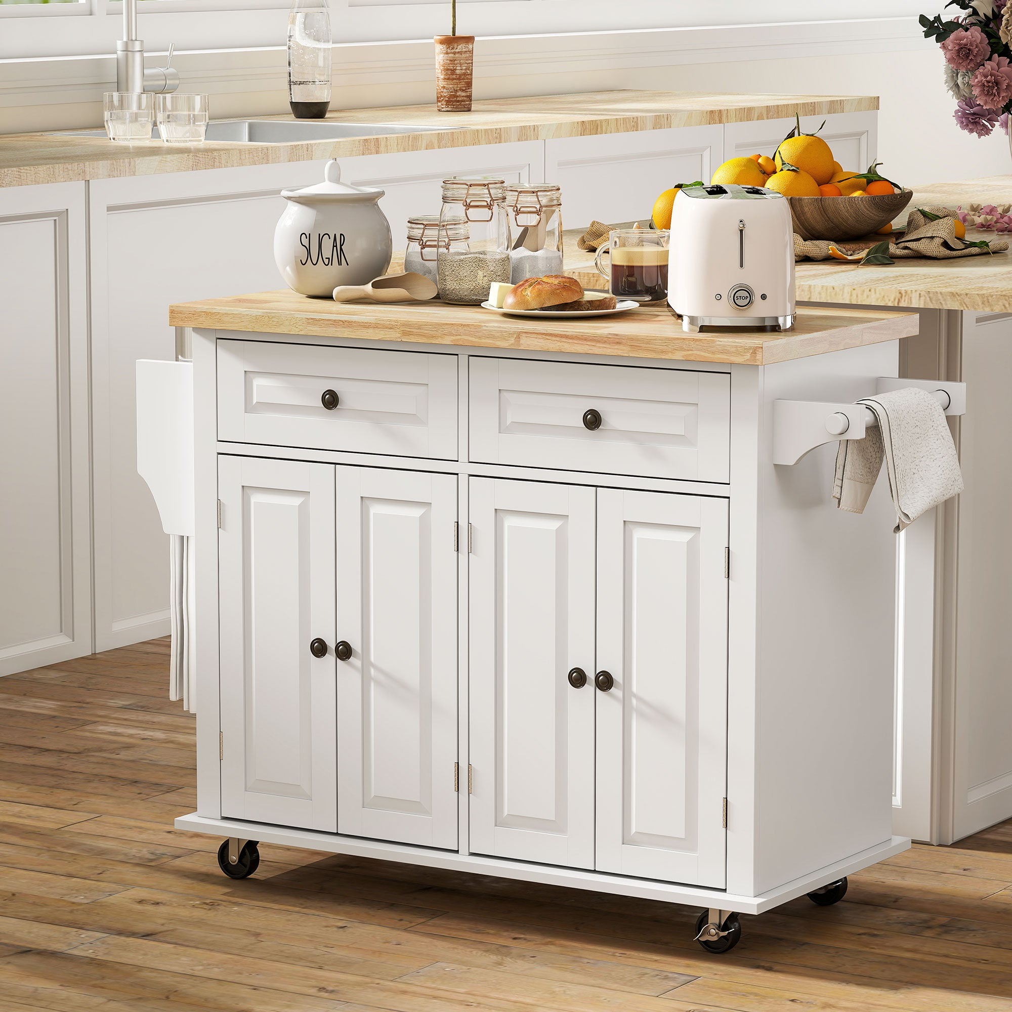 Kitchen Island Cart with Rubber Wood Top - White 44"-DECOROLALA