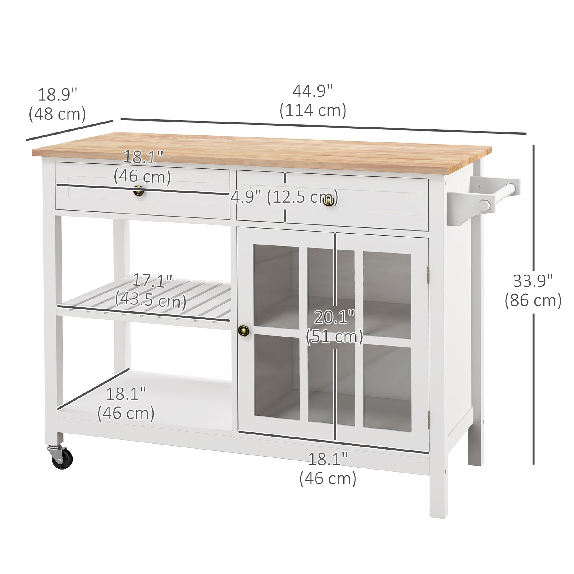 Kitchen Island Cart with Rubberwood Top - White 45"-DECOROLALA