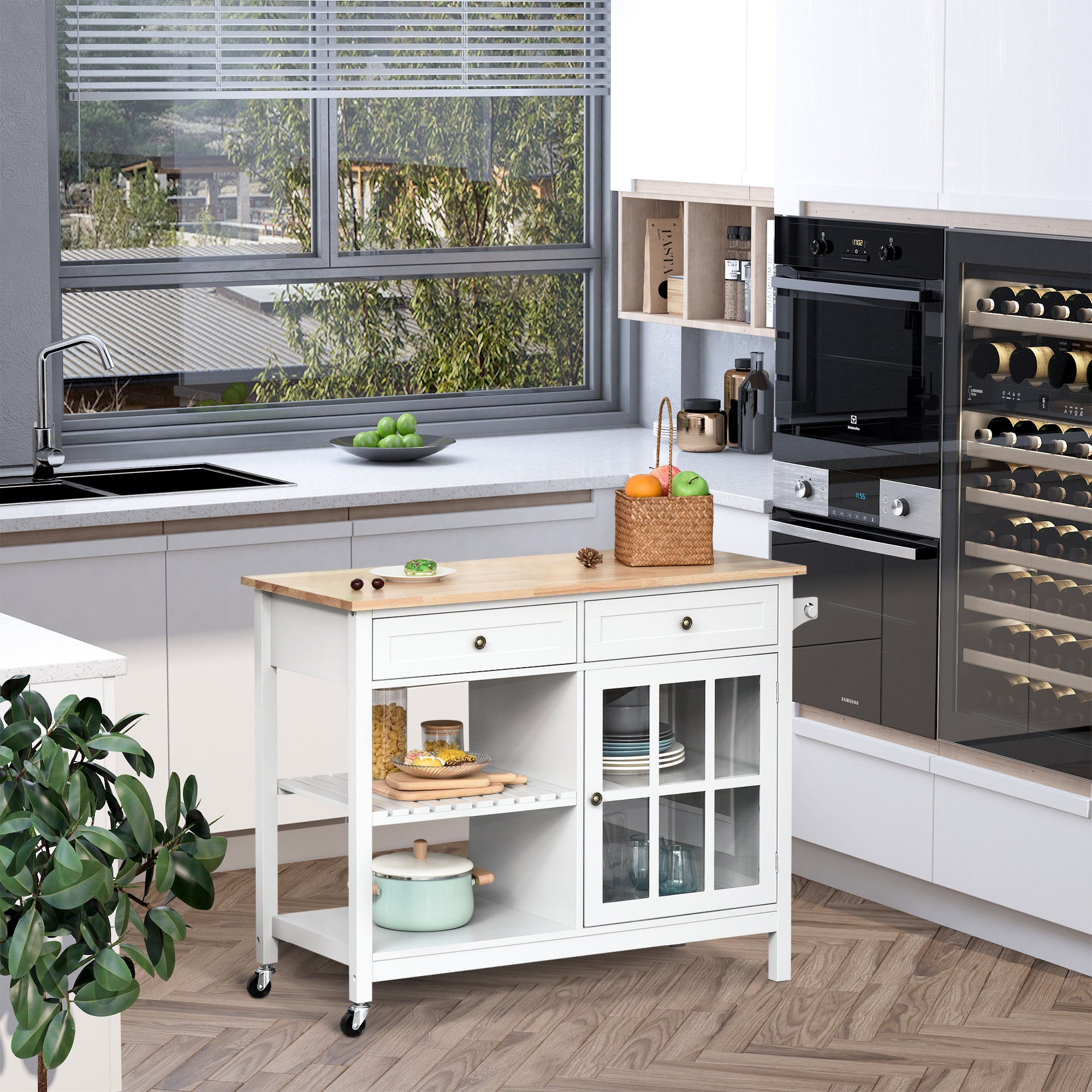 Kitchen Island Cart with Rubberwood Top - White 45"-DECOROLALA