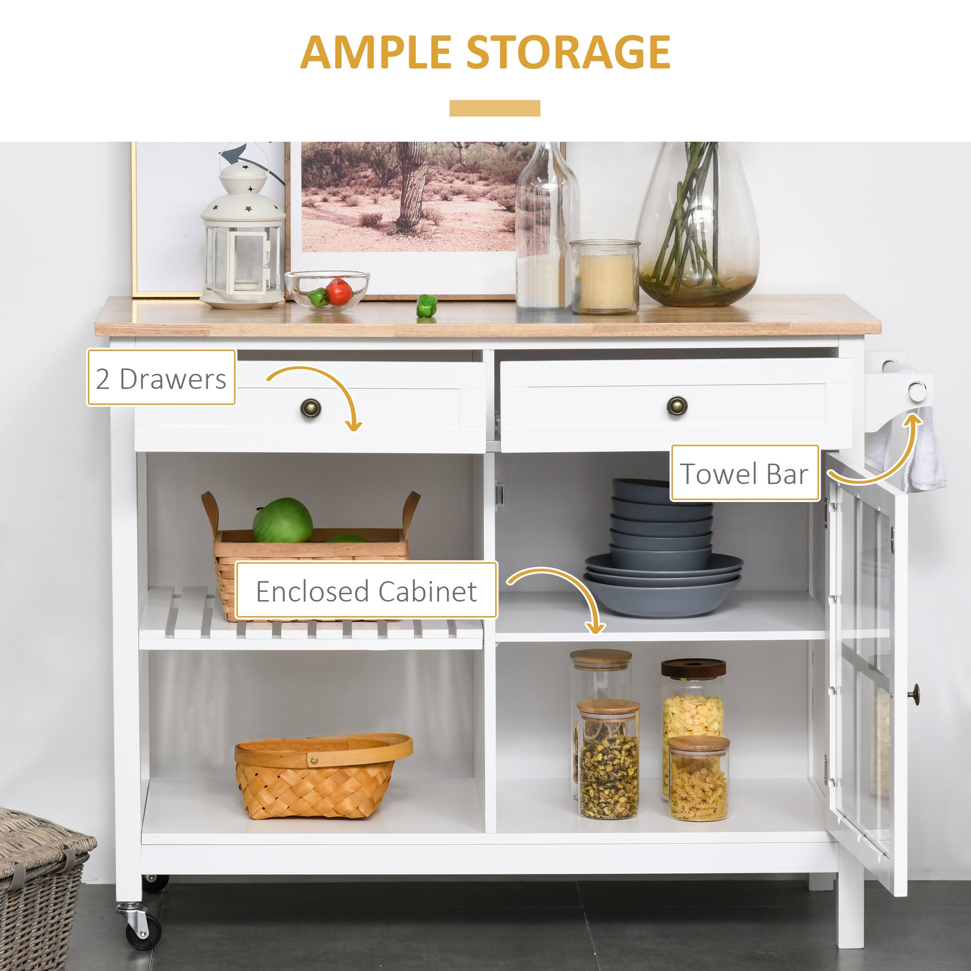 Kitchen Island Cart with Rubberwood Top - White 45"-DECOROLALA