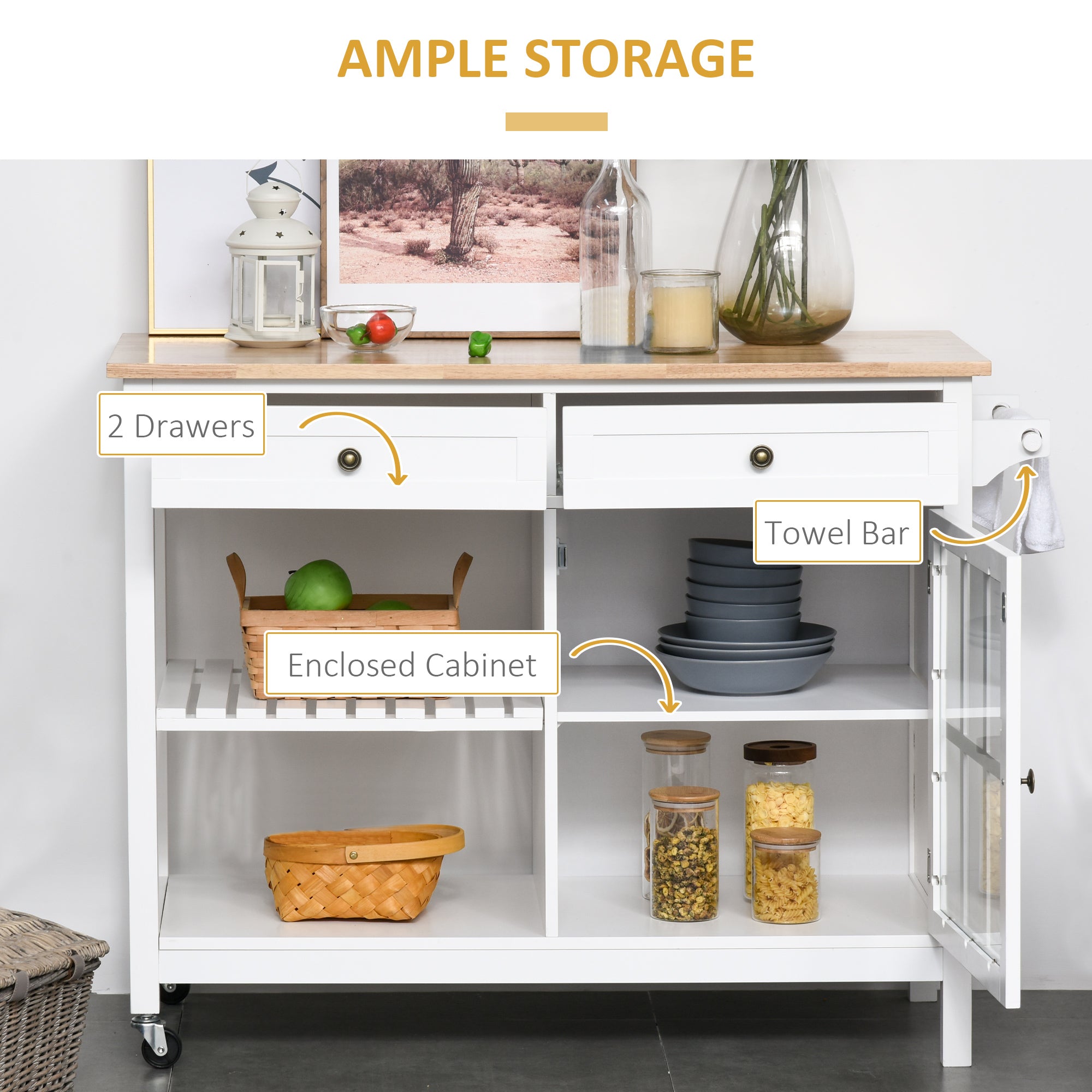 Kitchen Island Cart with Rubberwood Top - White 45"-DECOROLALA