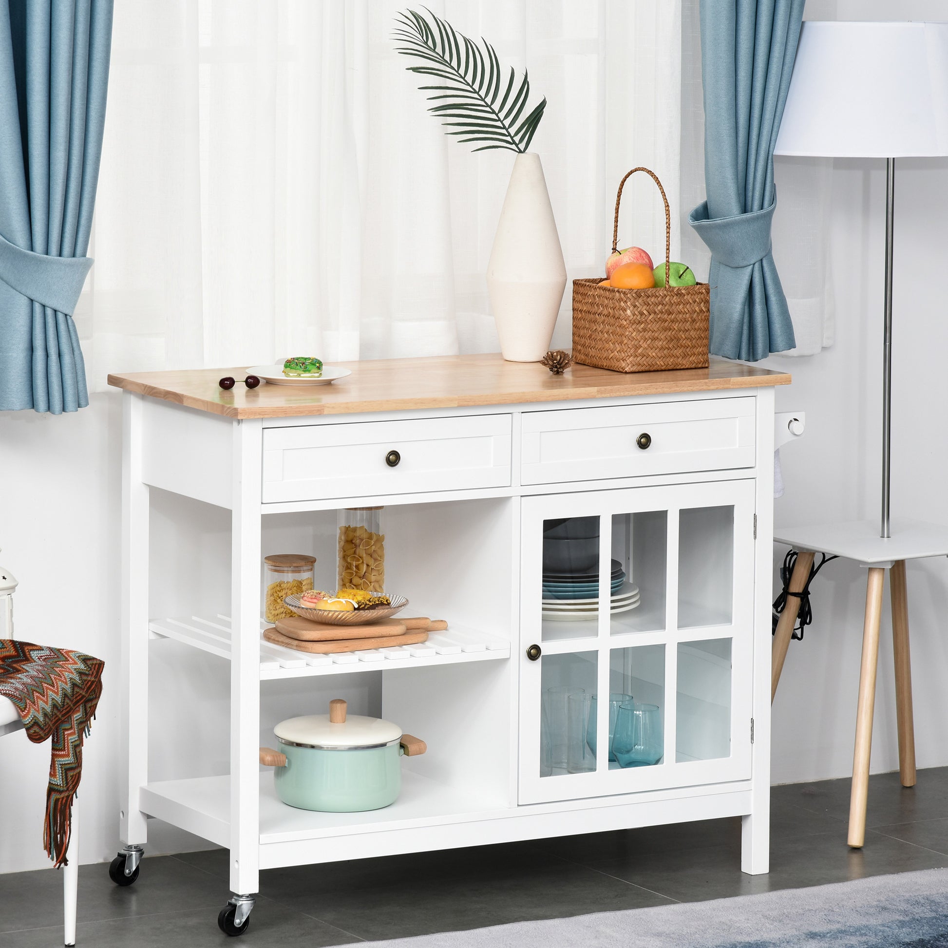 Kitchen Island Cart with Rubberwood Top - White 45"-DECOROLALA