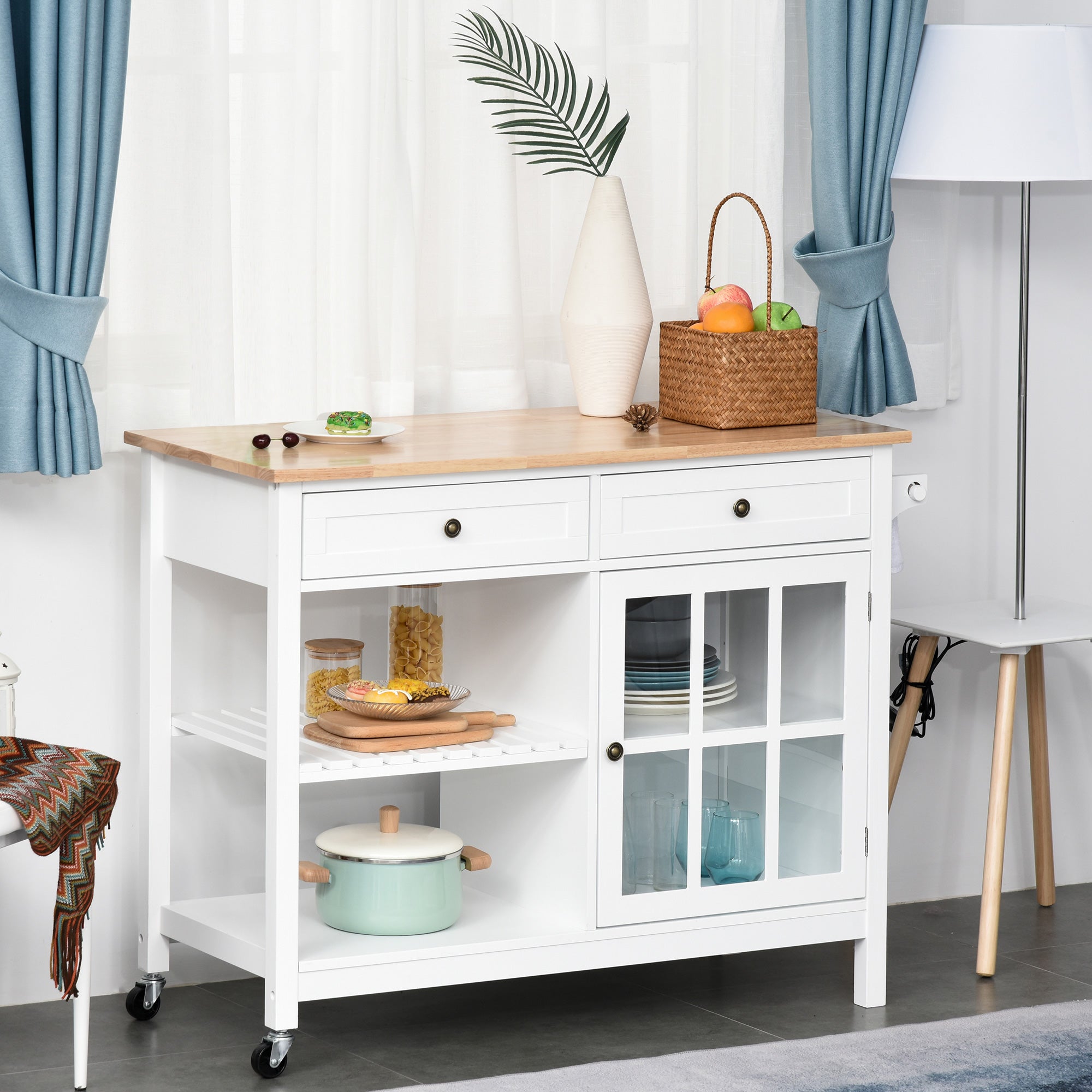 Kitchen Island Cart with Rubberwood Top - White 45"-DECOROLALA