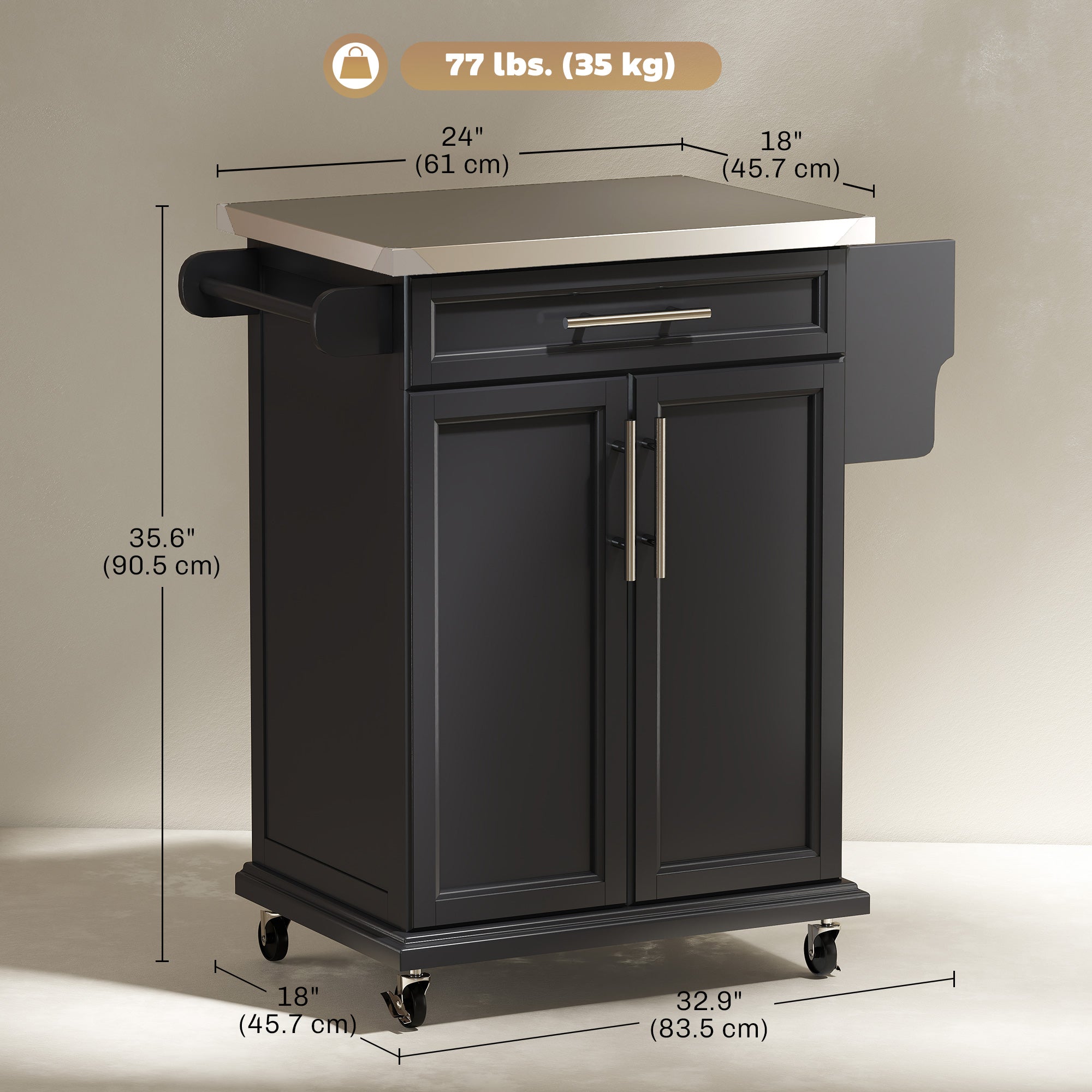 Kitchen Island Cart with Stainless Steel Top - Black-DECOROLALA