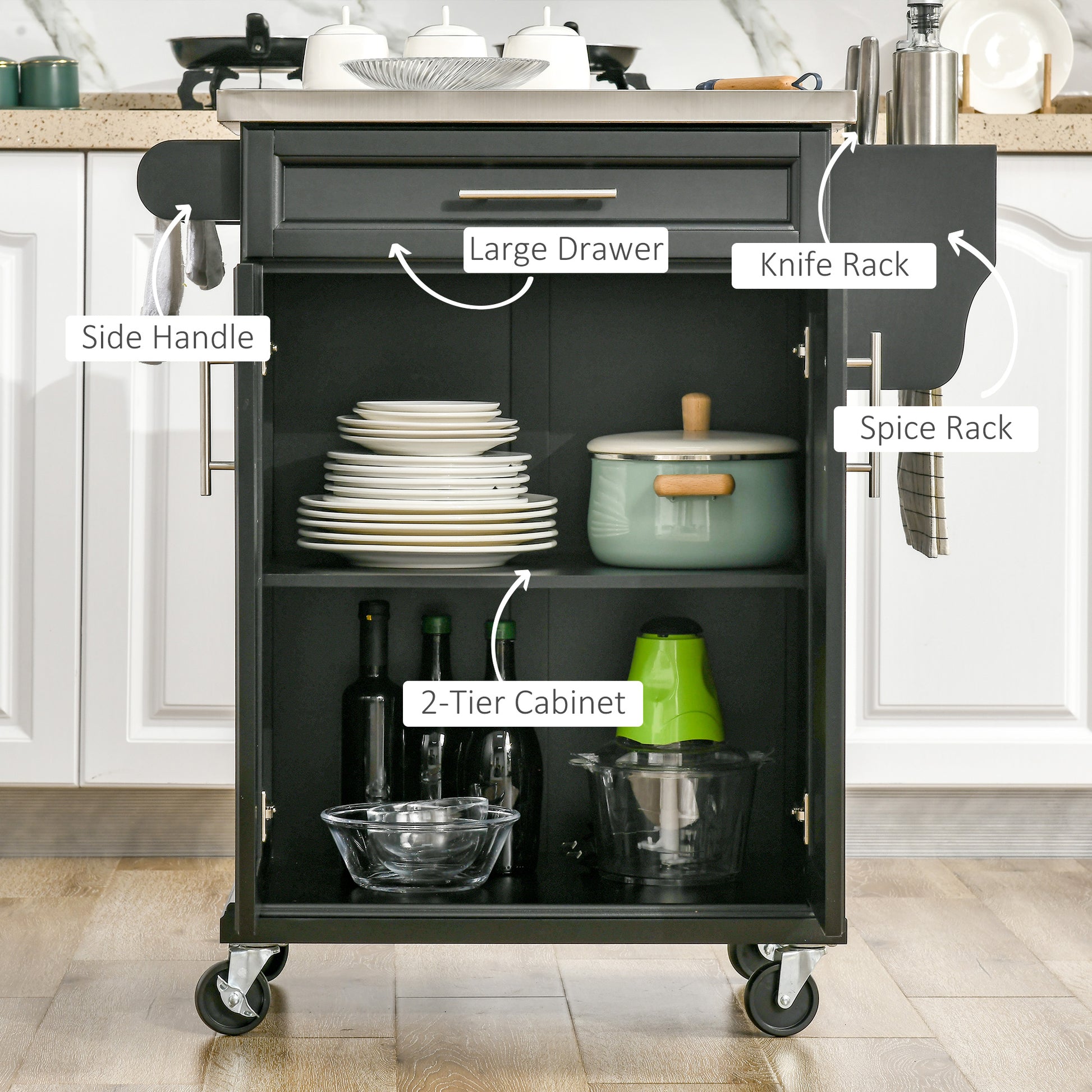Kitchen Island Cart with Stainless Steel Top - Black-DECOROLALA