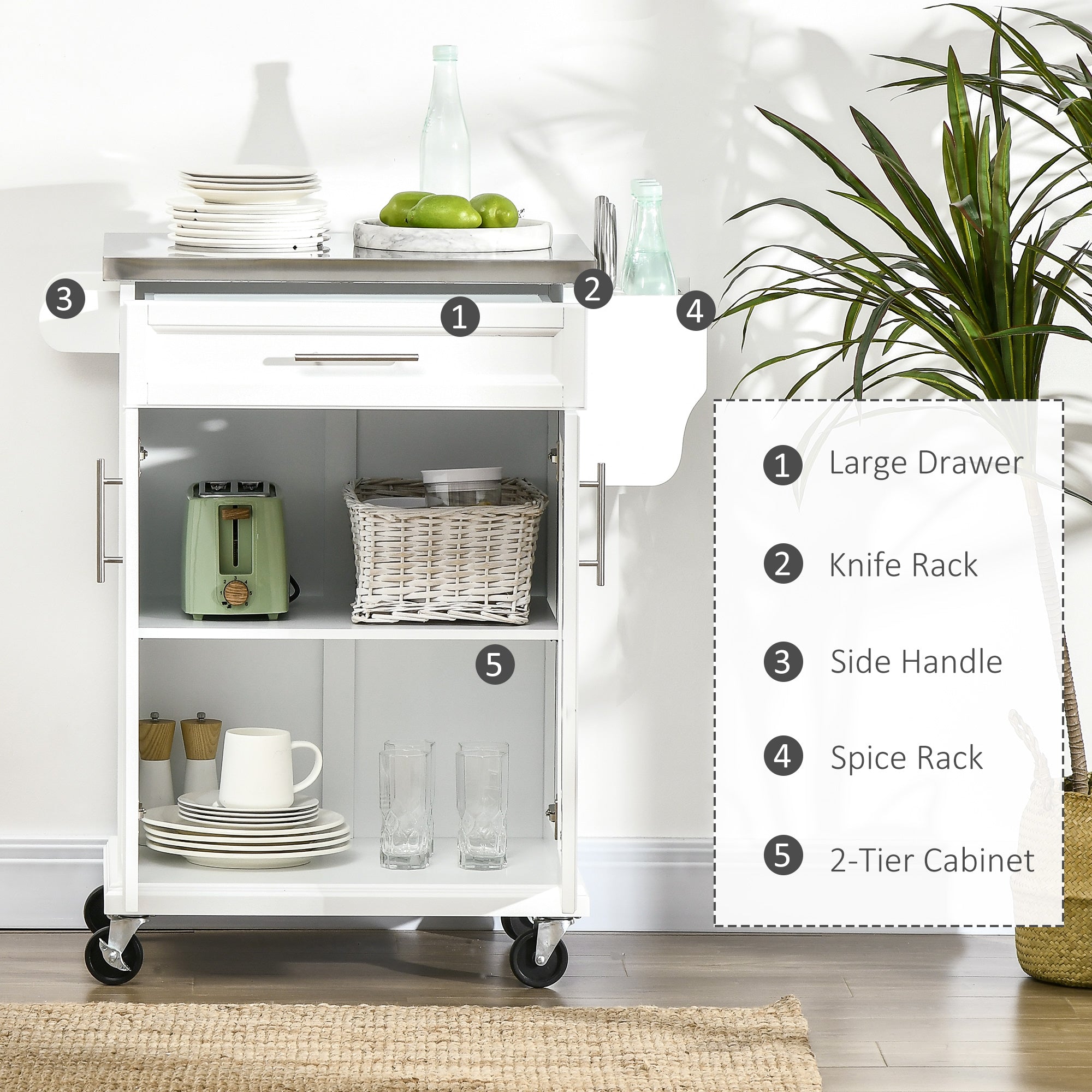 Kitchen Island Cart with Stainless Steel Top - White-DECOROLALA