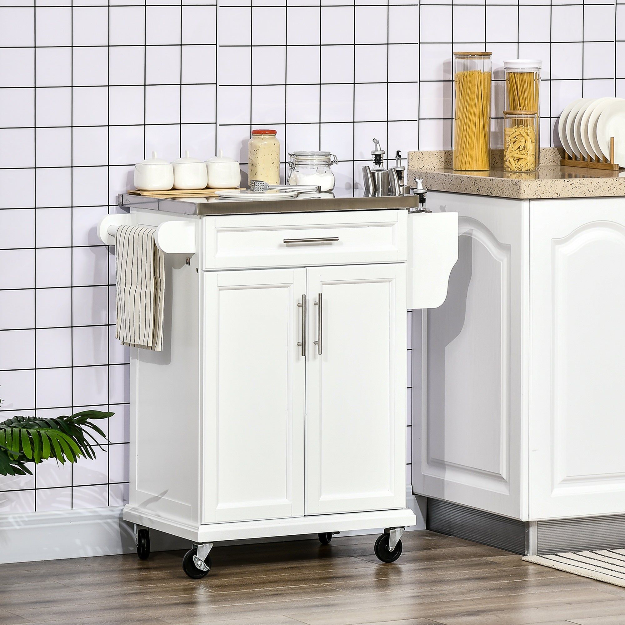 Kitchen Island Cart with Stainless Steel Top - White-DECOROLALA