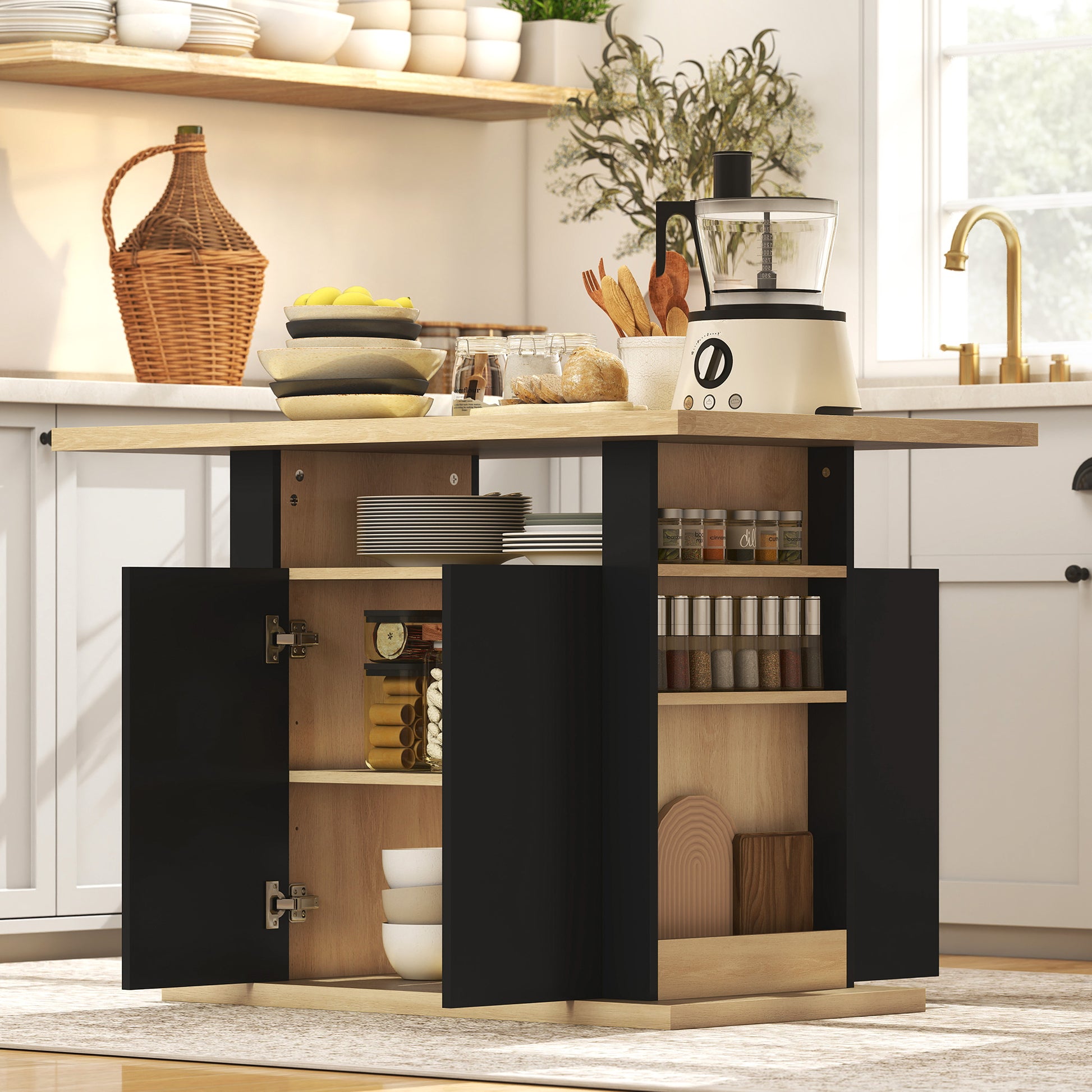 Kitchen Island Dining Table with Storage - Black-DECOROLALA