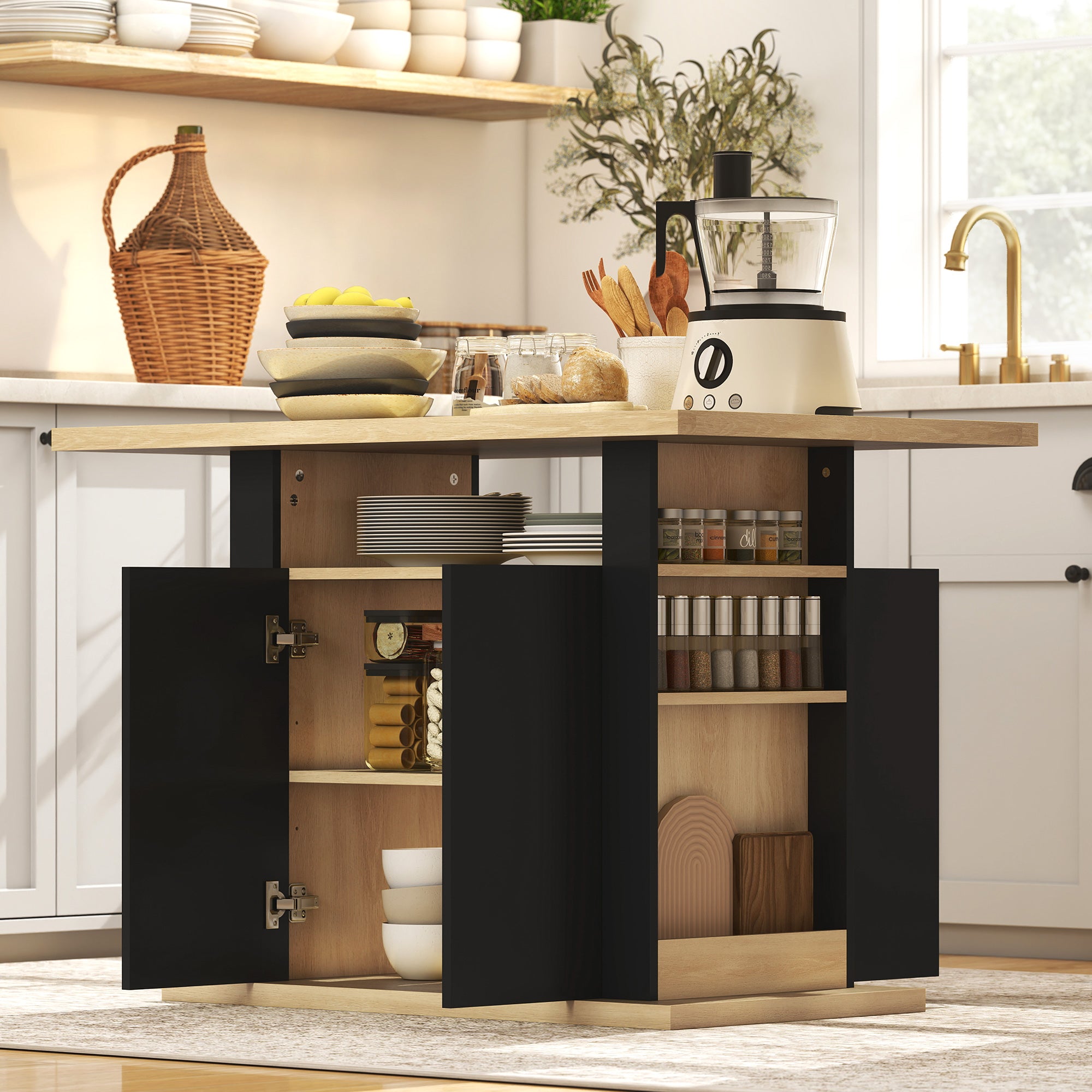 Kitchen Island Dining Table with Storage - Black-DECOROLALA