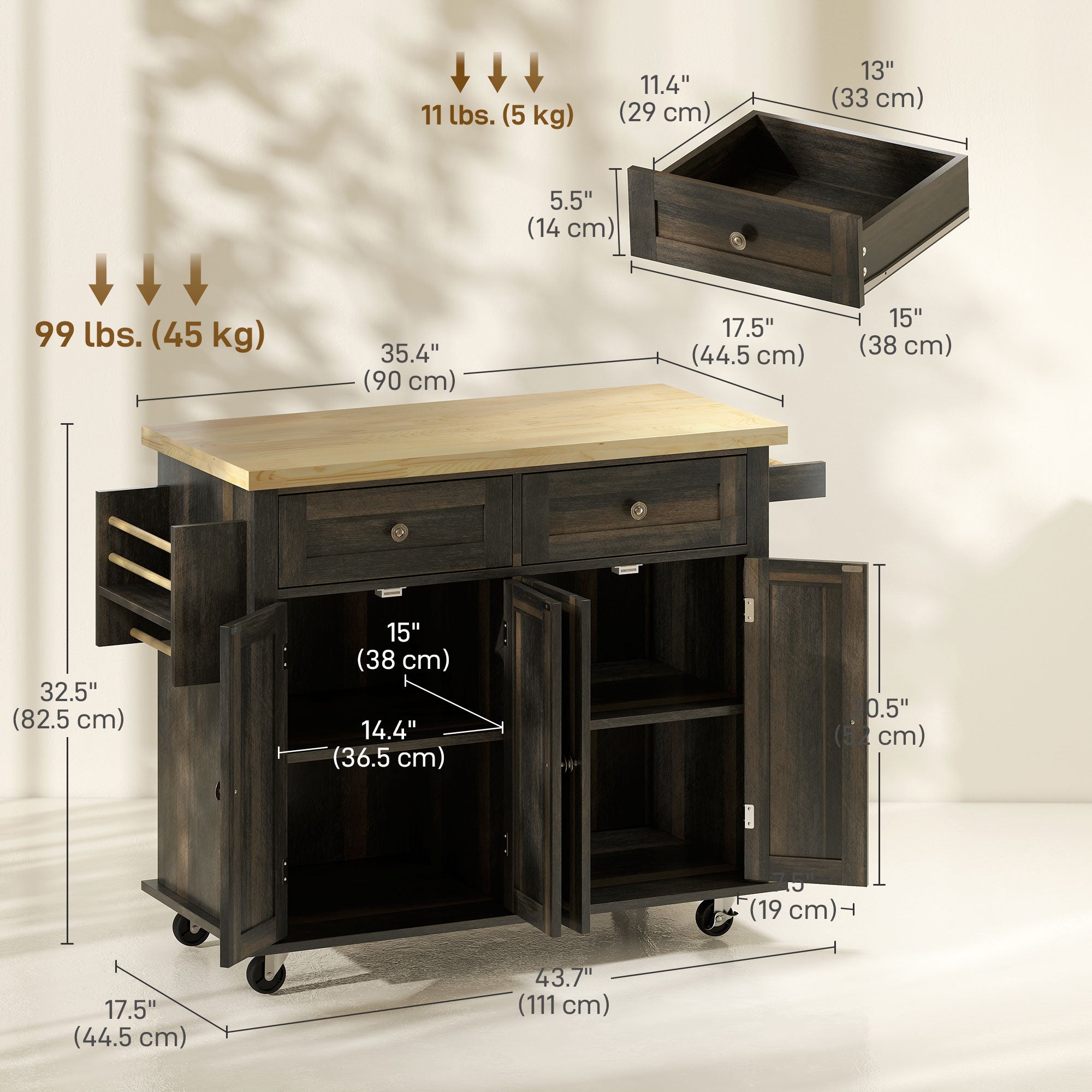 Kitchen Island Rolling Trolley Cart - Brown Oak 44"-DECOROLALA