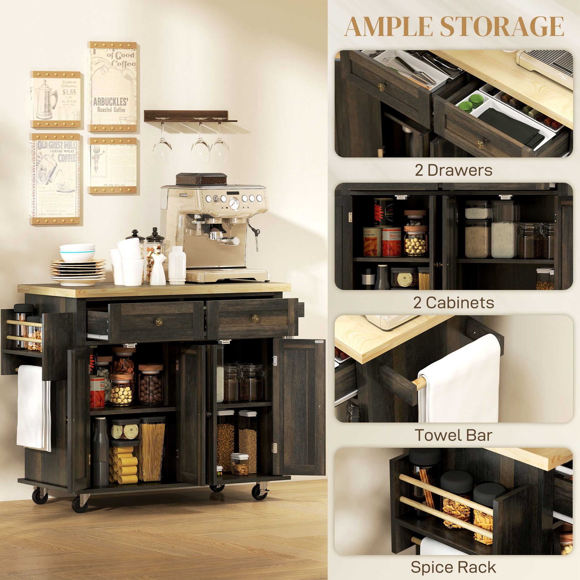 Kitchen Island Rolling Trolley Cart - Brown Oak 44"-DECOROLALA