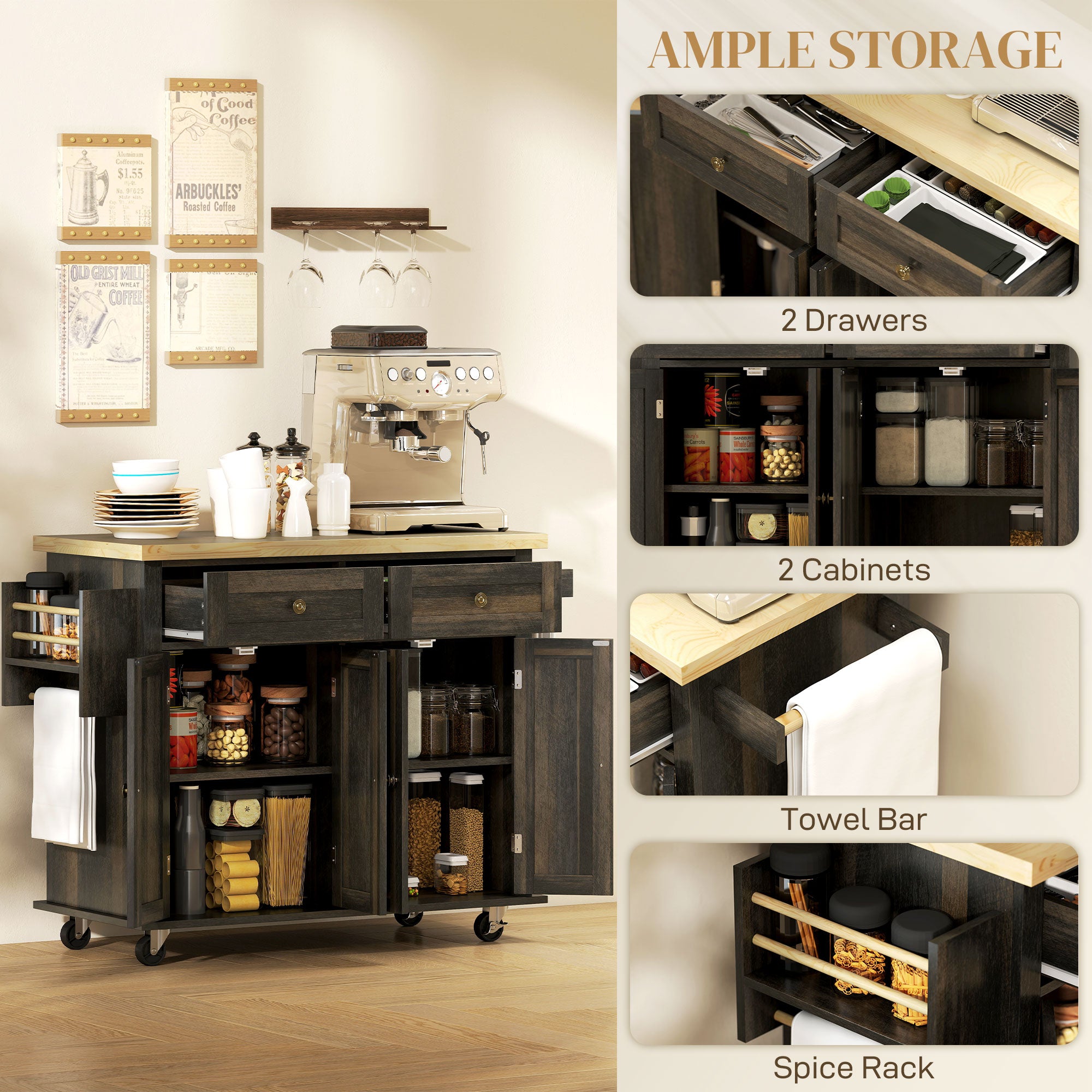 Kitchen Island Rolling Trolley Cart - Brown Oak 44"-DECOROLALA