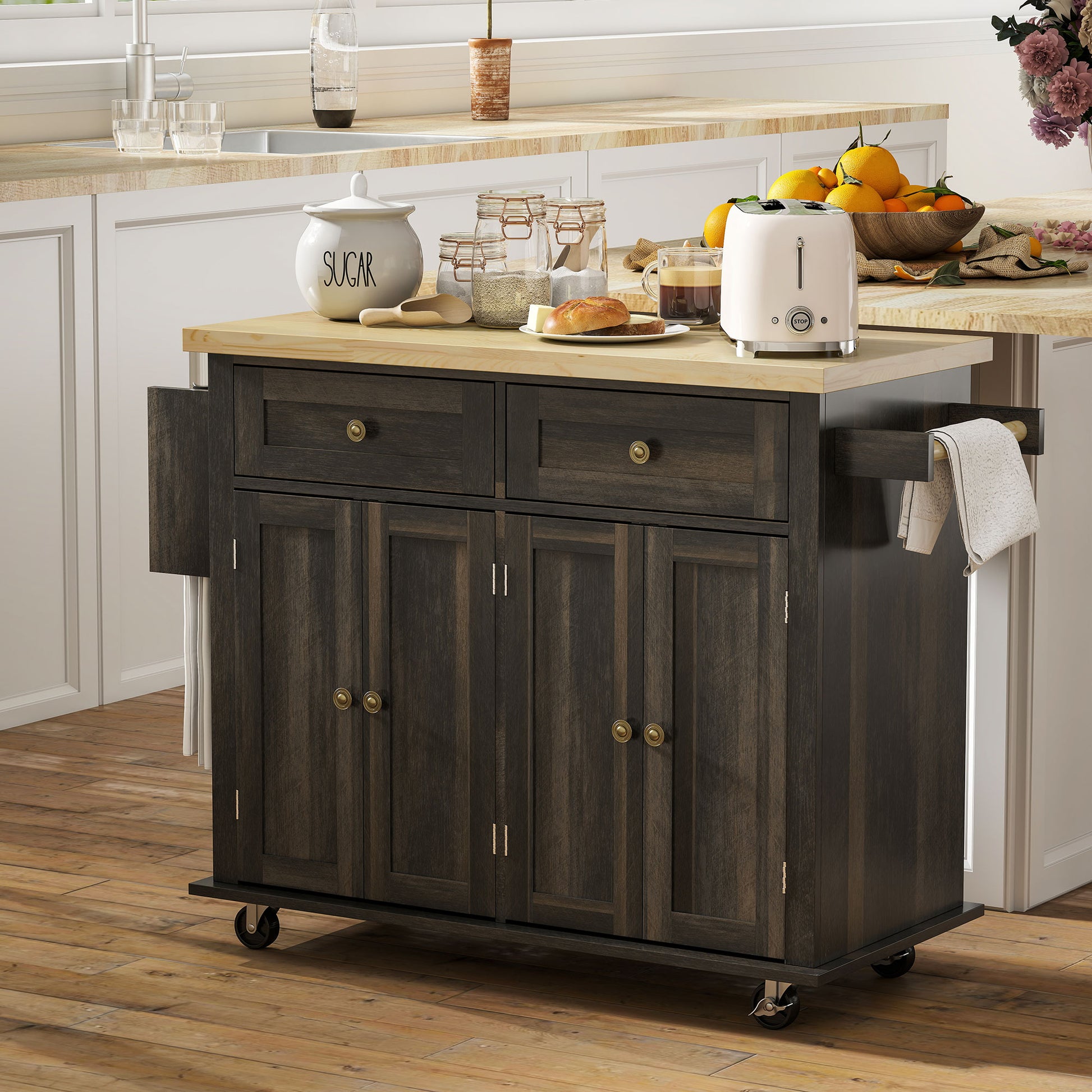 Kitchen Island Rolling Trolley Cart - Brown Oak 44"-DECOROLALA